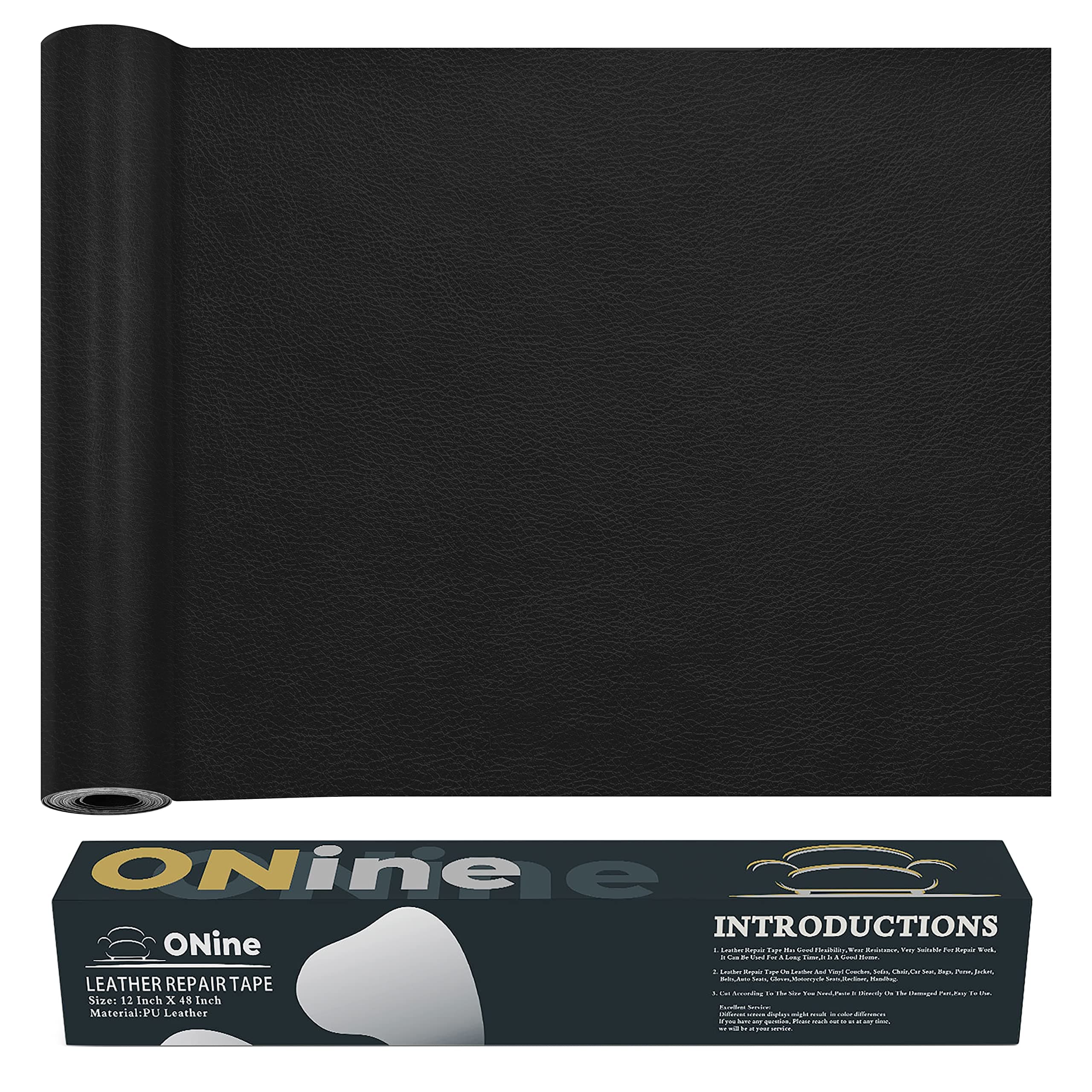 ONine Leather Repair Patch，Leather Repair Tape, 12 x 48 inches Leather Repair Patch for Furniture,Vinyl Repair Kit，Leather Couch Patch，for Sofas, Furniture, Car Seats, Office Chairs(Black)