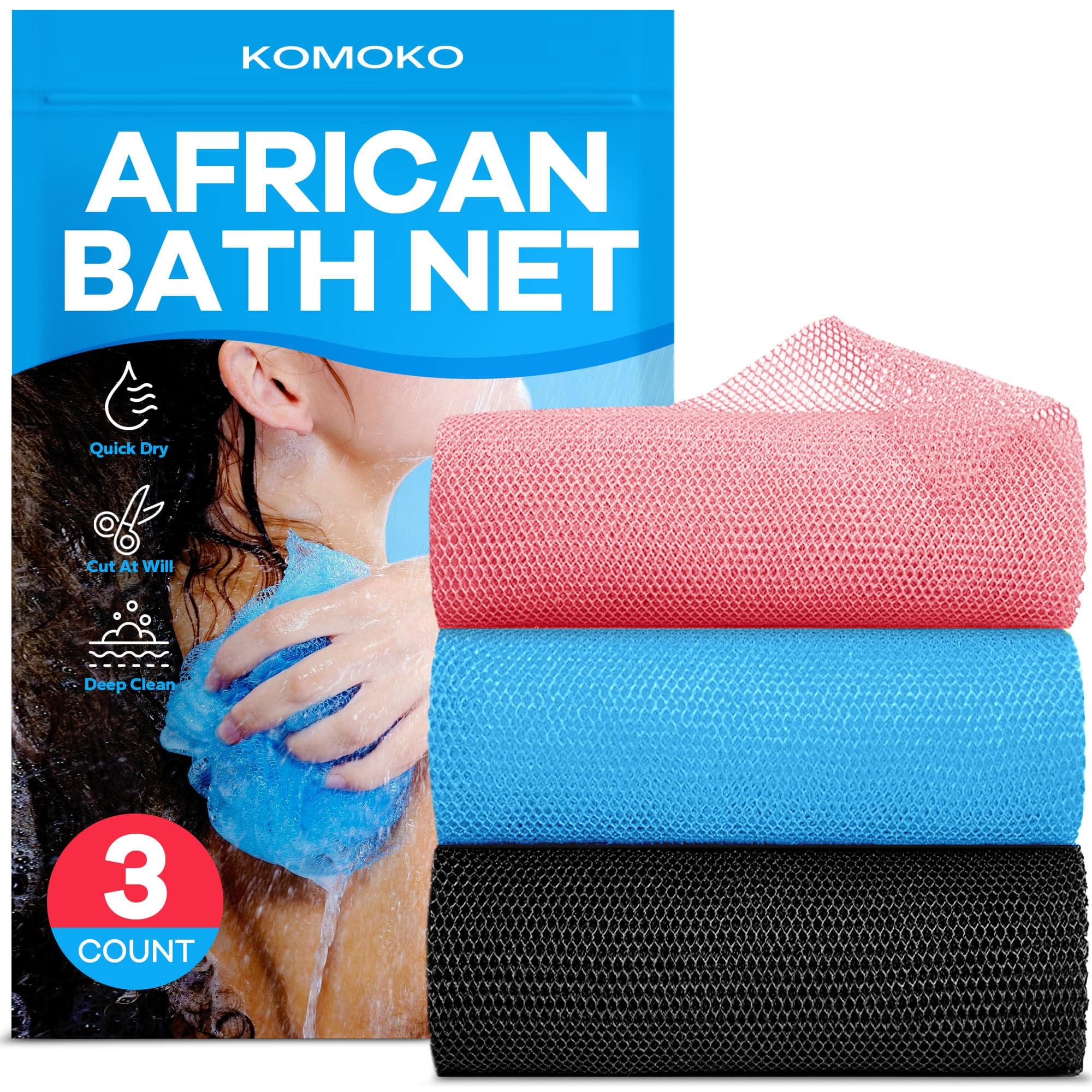 Komoko 3 Pieces African Exfoliating Net (Pink, Blue & Black), Bath Sponge, African Net Sponge, Authentic African Exfoliation Net, Natural Fibers for Smooth and Radiant Skin, Deep Cleanse and Renewal