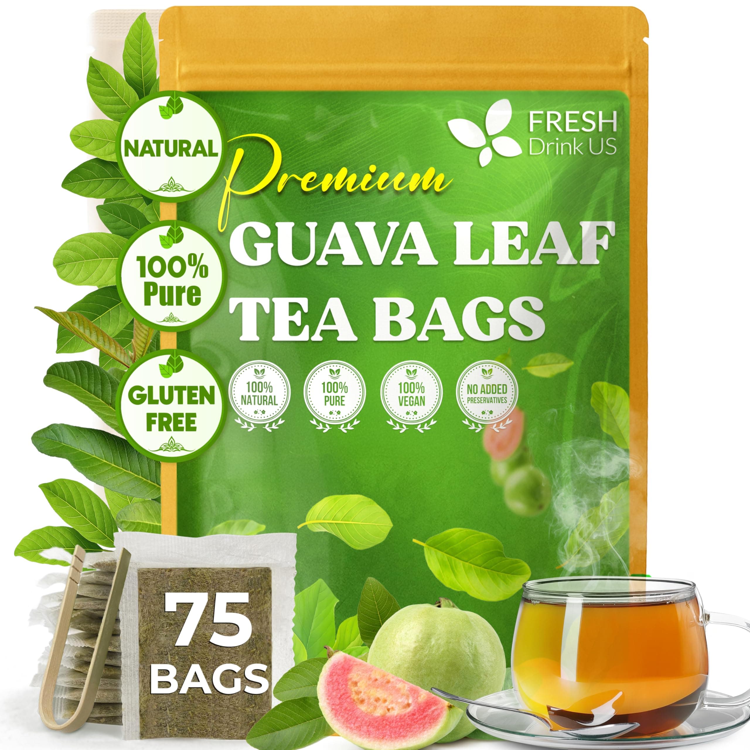 Premium 75 Guava Leaf Tea Bags, 100% Natural & Pure. Loose Leaf Guava Herbal Tea. No Sugar, No Caffeine, No Gluten, Vegan.