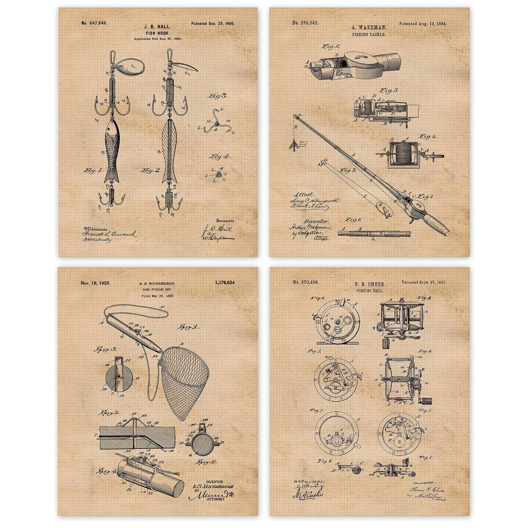 Classic Fishing Patent Prints, 4 (8x10) Unframed Photos, Wall Art Decor Gift Beach Lake Home Office Work Gears Garage Lake Bass Tackle Rods Reels Shop Man Cave School Student Teacher Coach Boat Fan