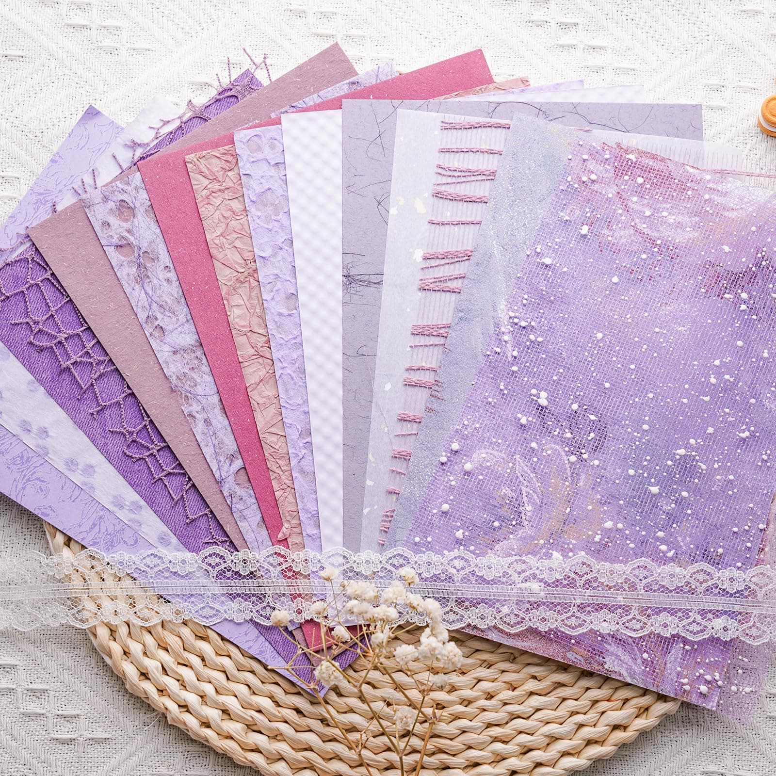 LewuwoPoing 15Pcs Handmade Scrapbook Art Paper Craft Textured Paper Colorful A5 sheet Mesh Special Paper Mix for Scrapbooking Junk Journal Journaling Supplies DIY Materials,5.8x8.2 inches (White)