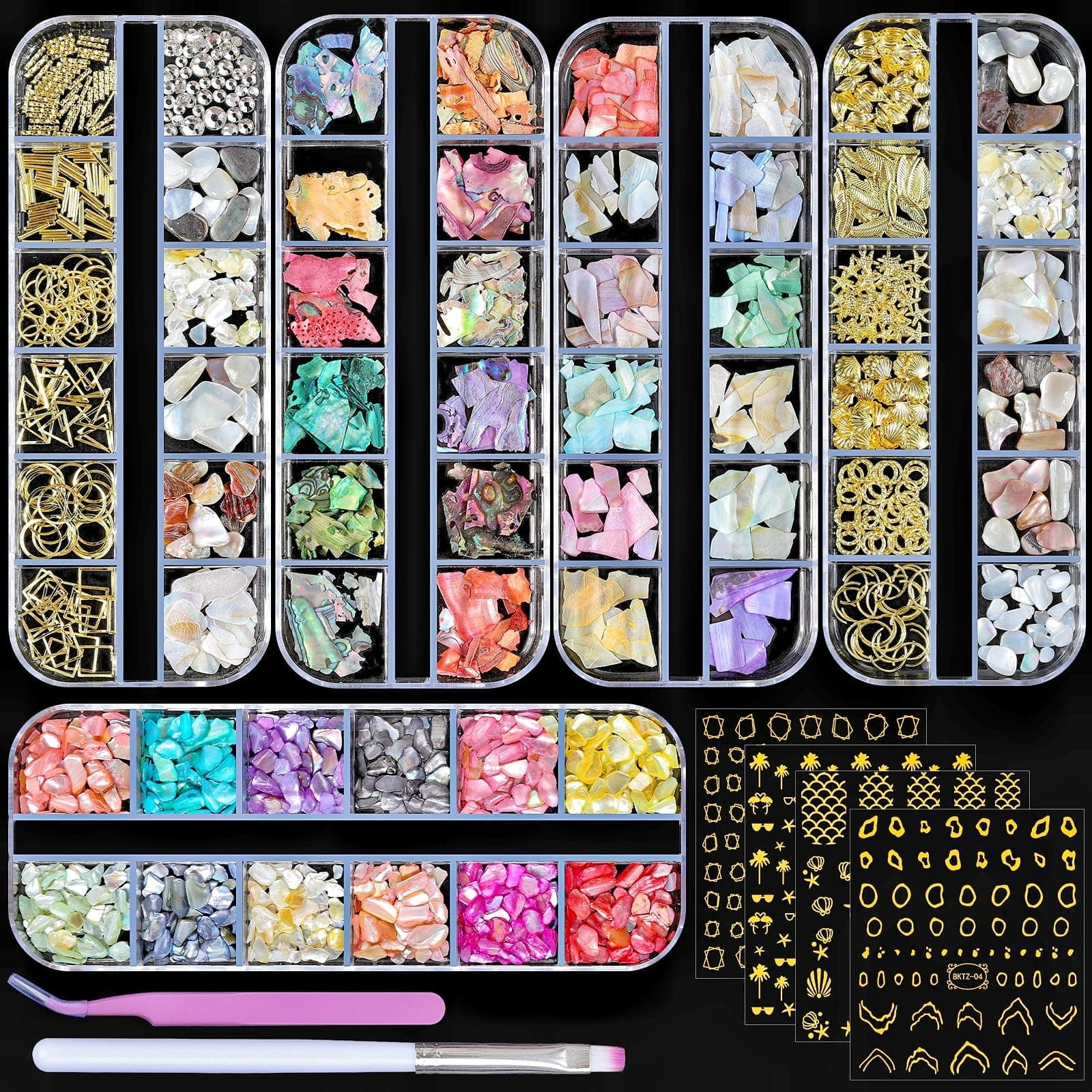 5 Boxes 3D Nail Art Crushed Sea Shell Irregular Iridescent Natural Abalone Seashell Slices Starfish Metal Sea Star Conch Moon Triangle Rivet Gems(sea Shell kit)