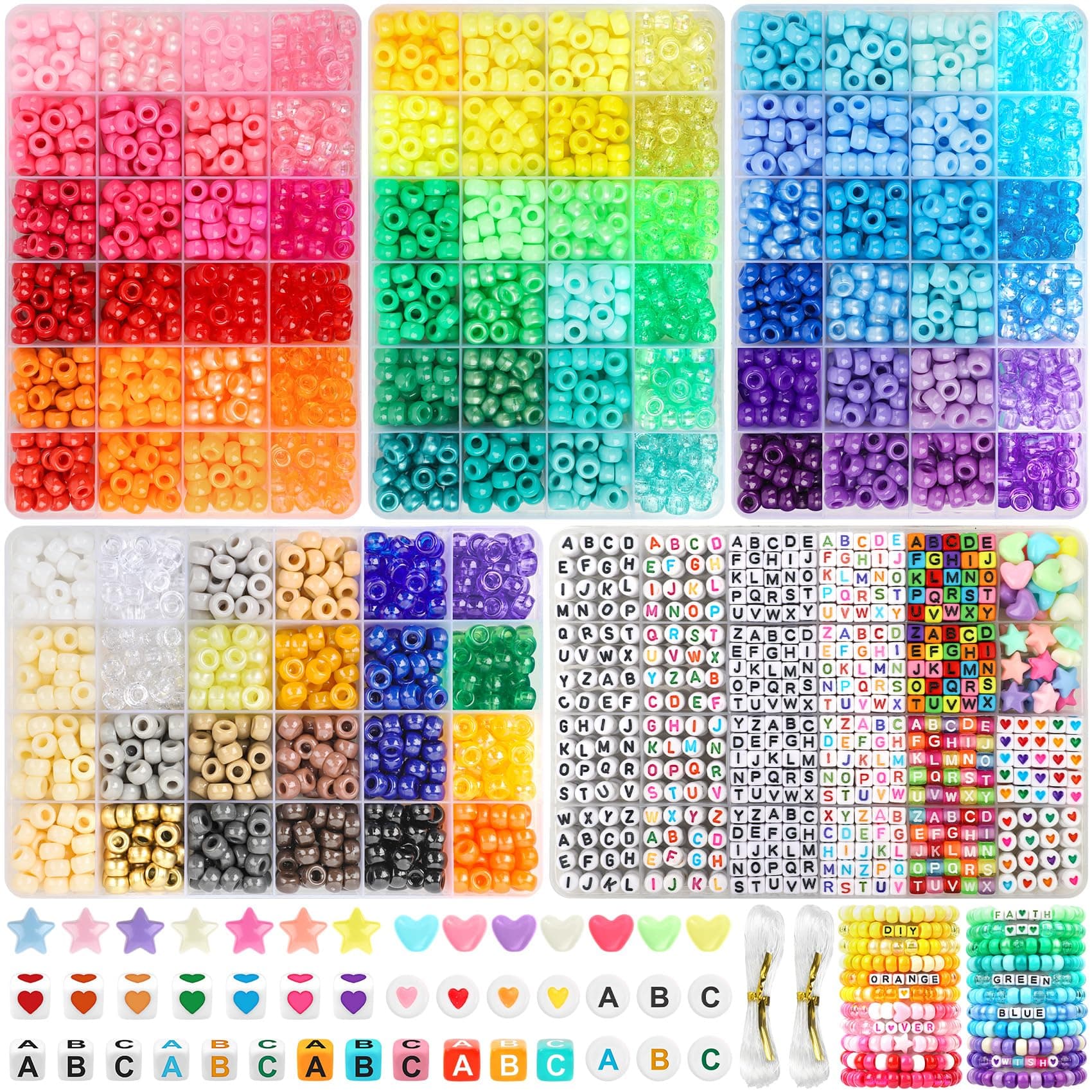 Acerich 96 Colors 4022 Pcs Pony Beads for Friendship Bracelet Making Kit, 5 Boxes Friendship Bracelet Beads 6x9mm Rainbow Kandi Beads with 1000 Pcs Letter Beads for Jewelry Making