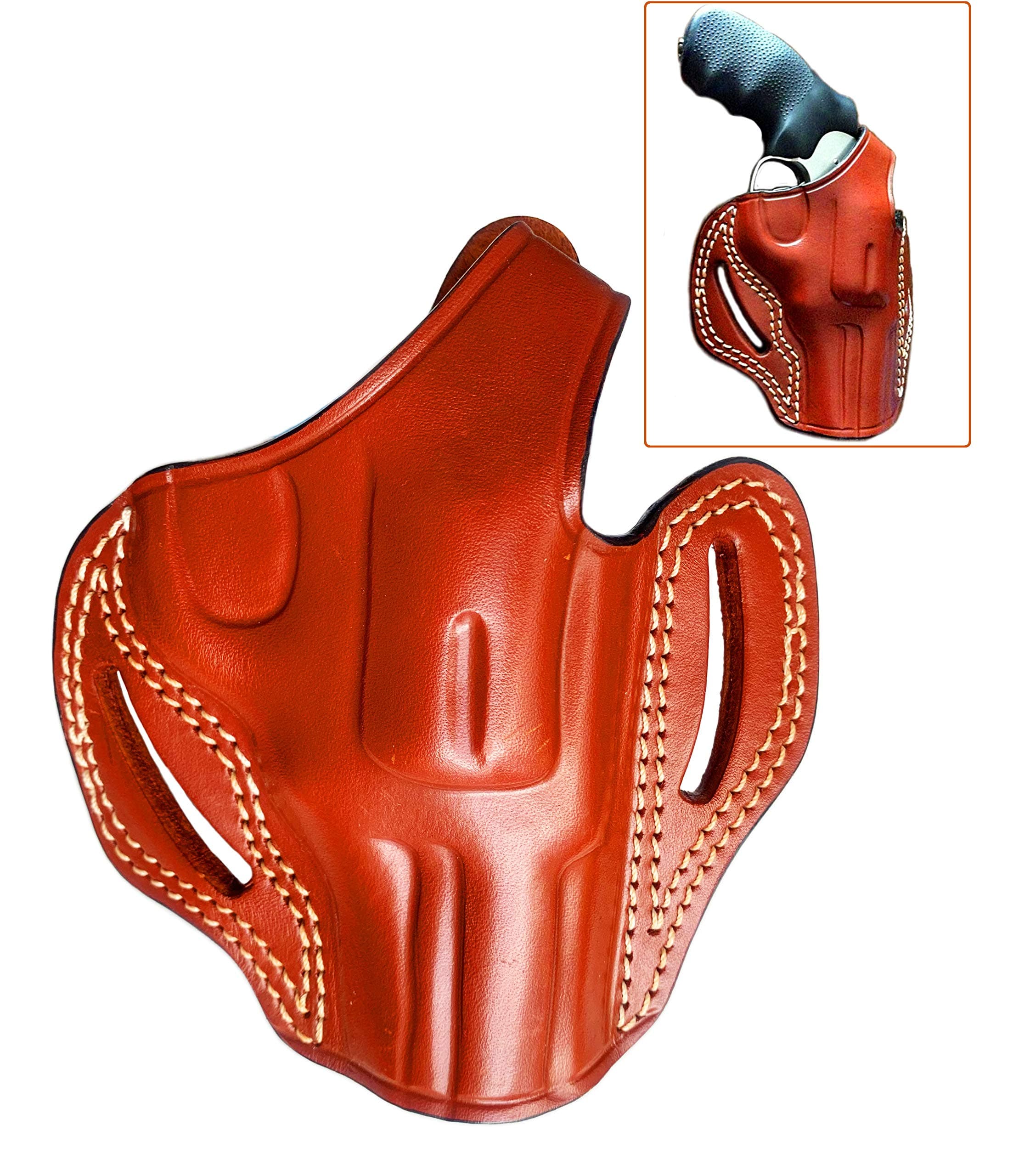 OWB FullGrain Leather Revolver Gun Holster Fits 3 Inch Ruger LCRx, Taurus 985/692, Rossi 357, Pre-2017 Colt King Cobra, Colt KC357, RIA Rock Island AL9 Right Handed Thumb Brake Tan Brown