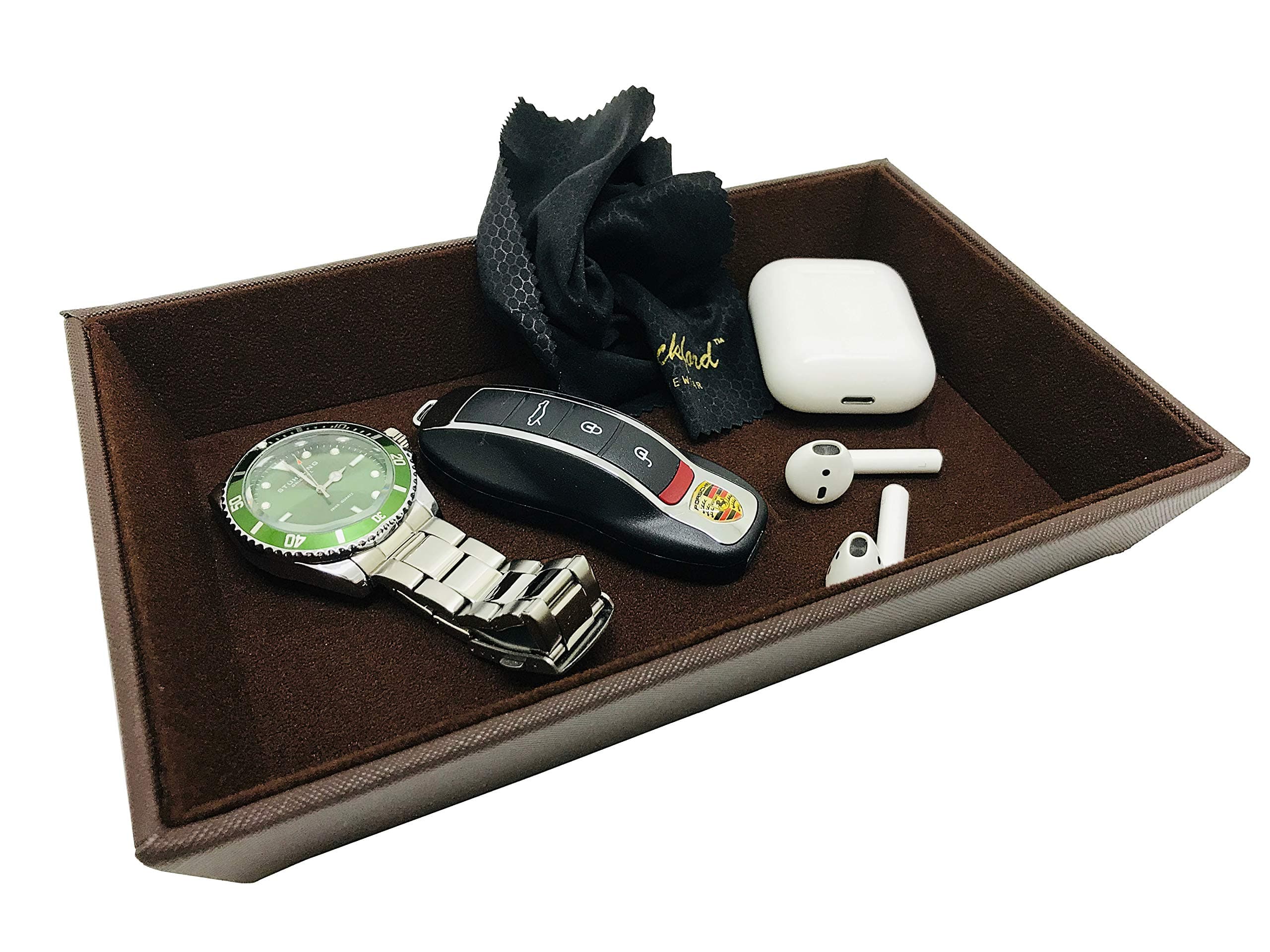 Leather and Velvet Valet Tray – Durable Brown Leatherette Valet Tray for Men – Best Key Storage Valet Tray