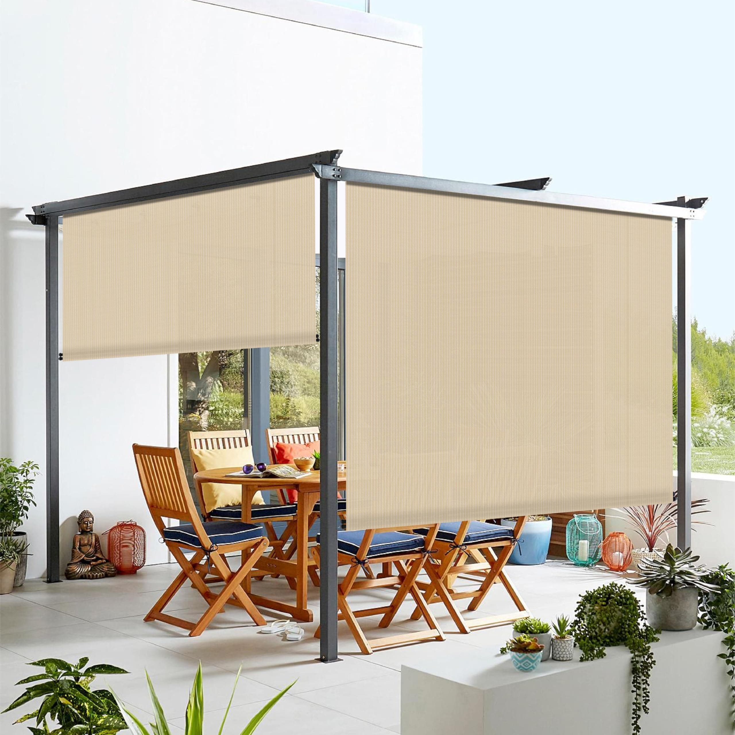 Windscreen4less Exterior Roller Shade Blinds Roll Up Shade Privacy Screen for Deck Pergola Balcony Patio Porch Carport 5’ W x 6’ L Beige Tan