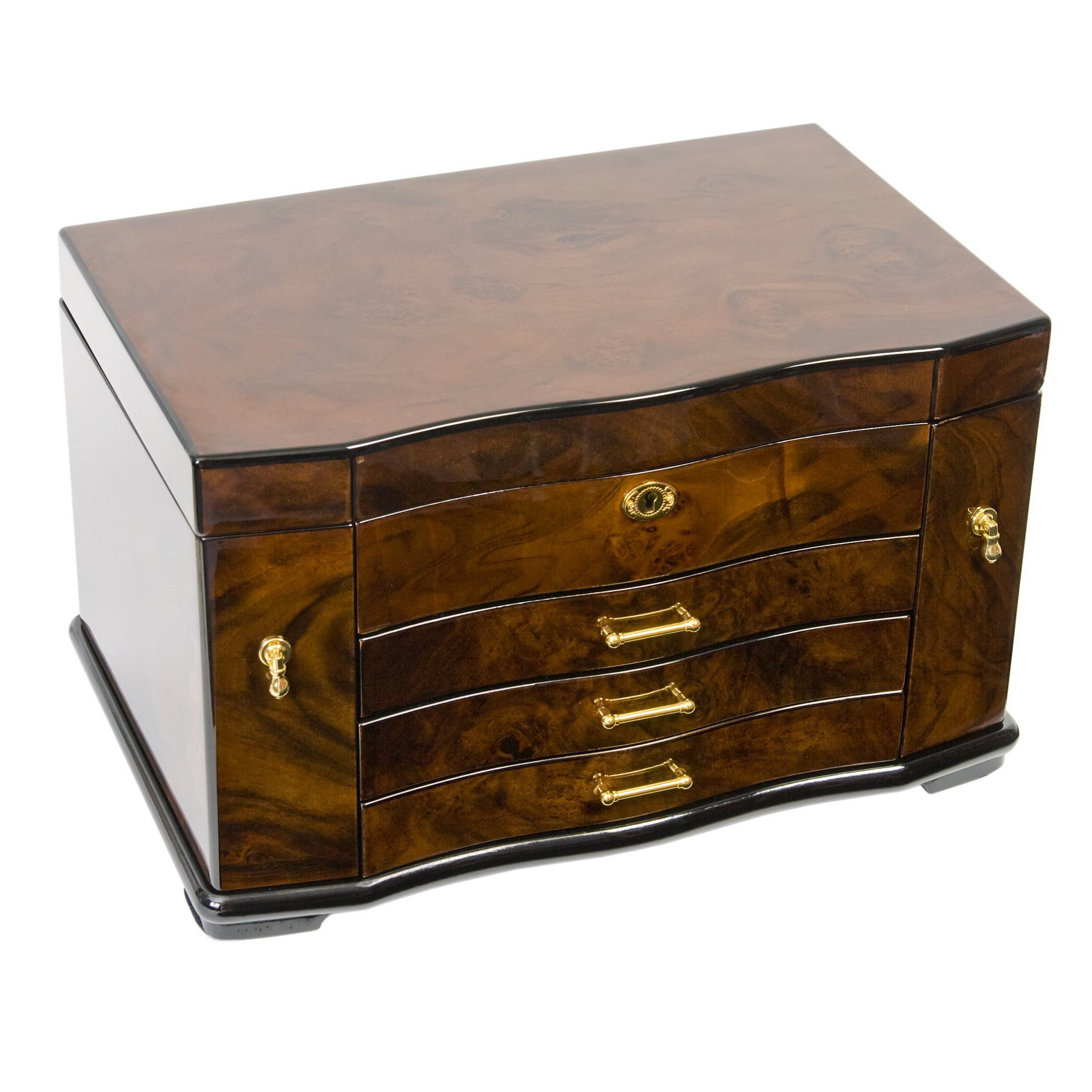 Fully Locking Jewelry Box. Italian Walnut Burl Wood with High Gloss Finish. Free Gift with Purchase 7005