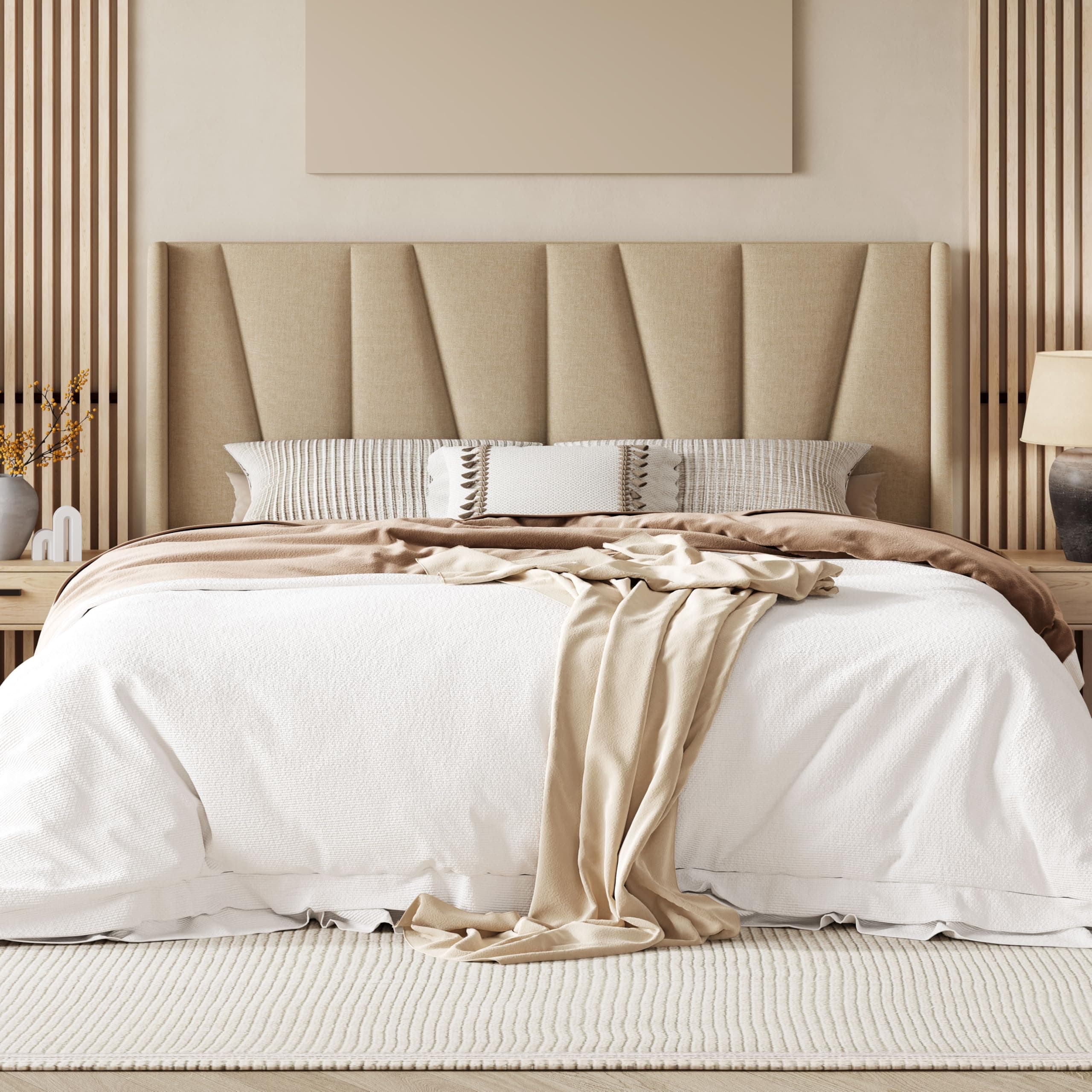 Allewie King Size Upholstered Platform Bed Frame Bedroom Furniture/Geometric Wingback Headboard/Mattress Foundation/Wood Slat Support/No Box Spring Needed/Easy Assembly, Light Beige