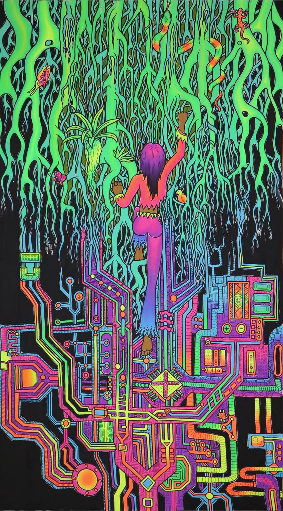 Psychedelic Tapestry 'Back To Nature' - Hand-painted and silkscreen batik wall-hanging - UV active wall-hanging -Trippy wall art - Black light active trippy tapestry - Fantasy tapestry