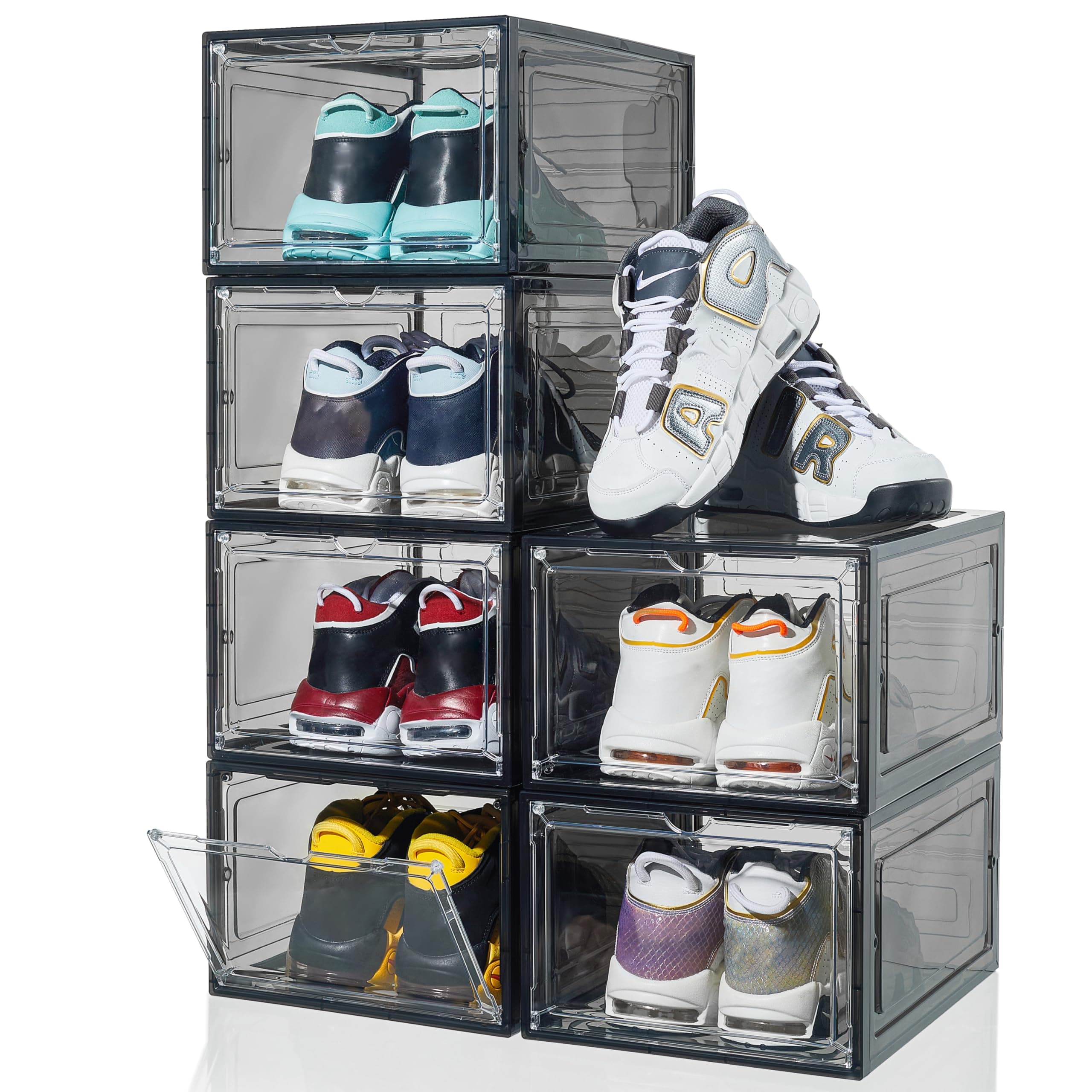 Shoe Organizer Shoe Storage Boxes, 6 Pack Large Drop Front Shoe Boxes with Magnetic Door, Clear Plastic Stackable Shoe Containers (Black)