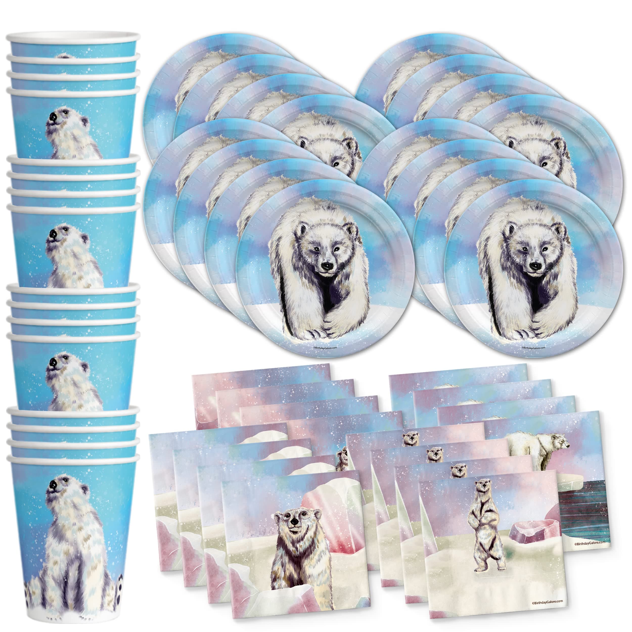 Birthday Galore Polar Bear Party Supplies Set Plates Napkins Cups Tableware Kit for 16