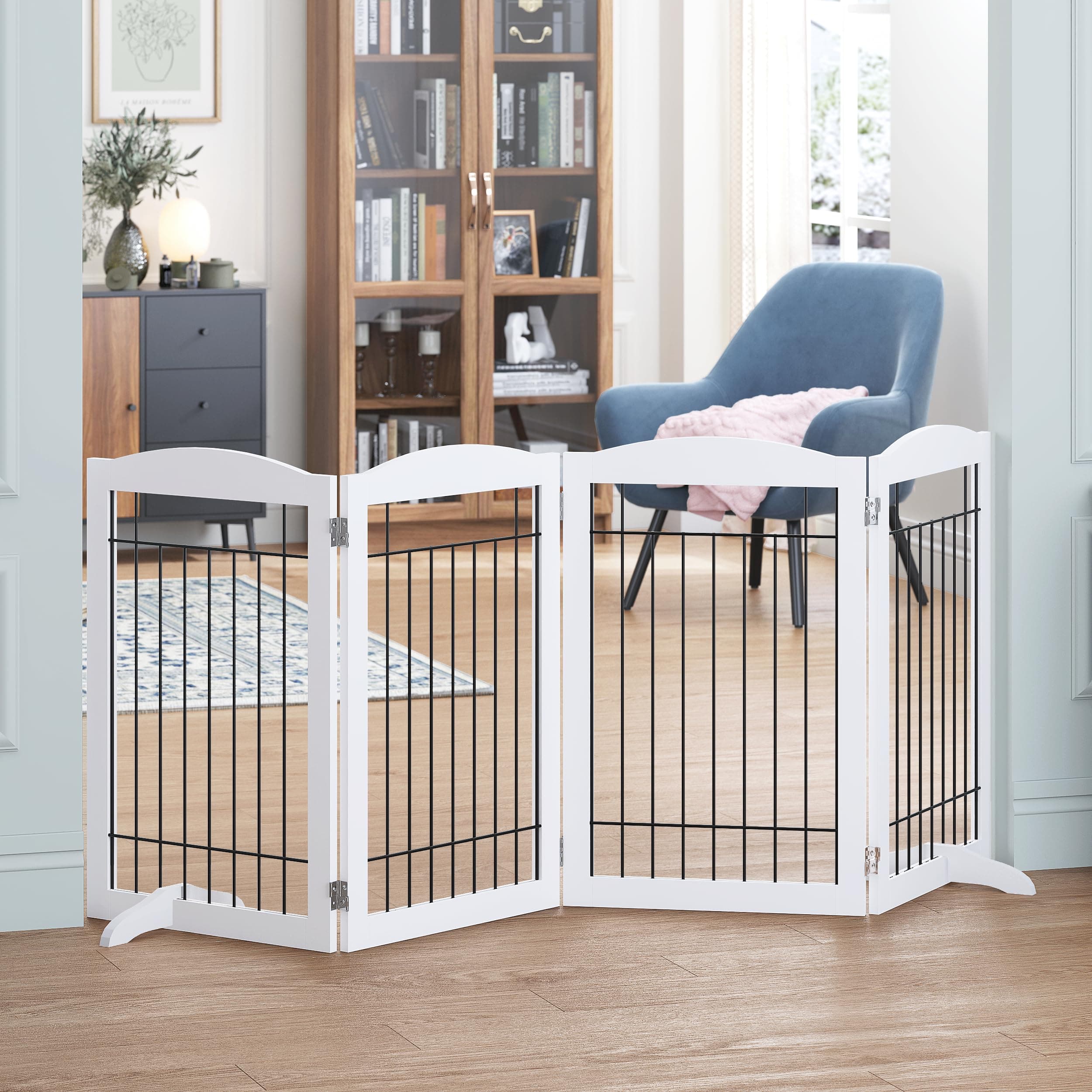 Free Standing Foldable Wire Pet Gate for Dogs, 80 inches Extra Wide, 30 inches Tall 4 Panels Dog Gate for the House, Doorway, Stairs, Pet Puppy Safety Fence,Set of Support Feet Included, White