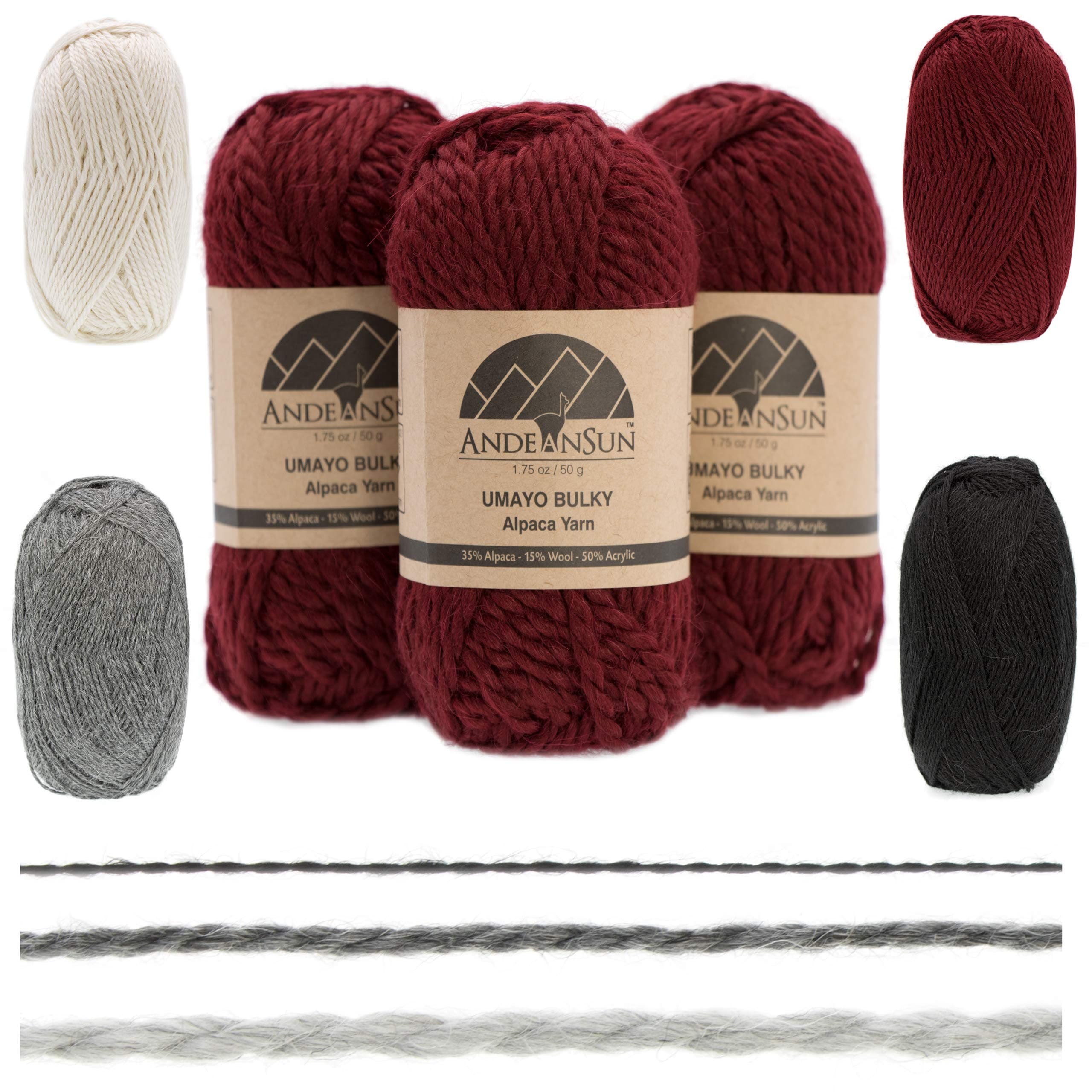 (3 Small Gorgeous Skeins) Alpaca Yarn Blend Umayo [165 Yards Total] Merlot, #5 Bulky