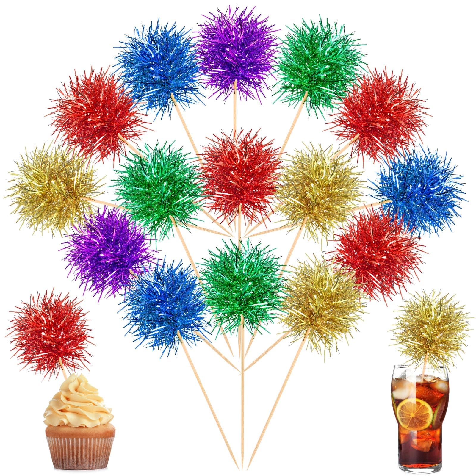 100 Pcs Foil Firework Cupcake Toppers Sparkle Tinsel Cake Toppers Cake Decoration Cocktail Fruit Toothpick for Christmas Birthday Wedding Graduation Party Decoration (Bright Color)