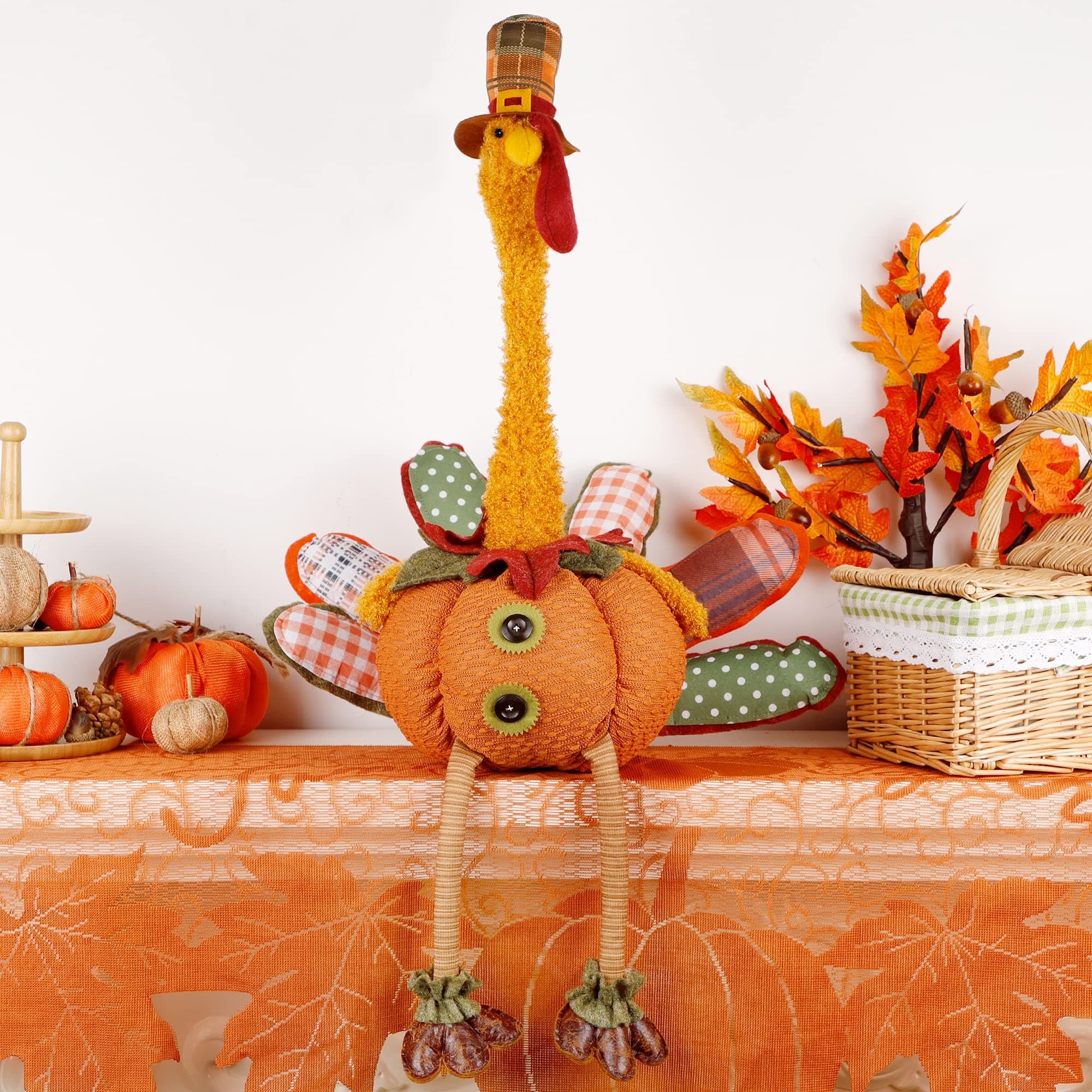 winemana Thanksgiving Decoration 31.5" x 18.5" Plush Turkey with Stretchable Head, Handmade Stuffed Sitting Turkeys Fall Decorations for Indoor Home Tabletop Party Autumn Decor (Cock)