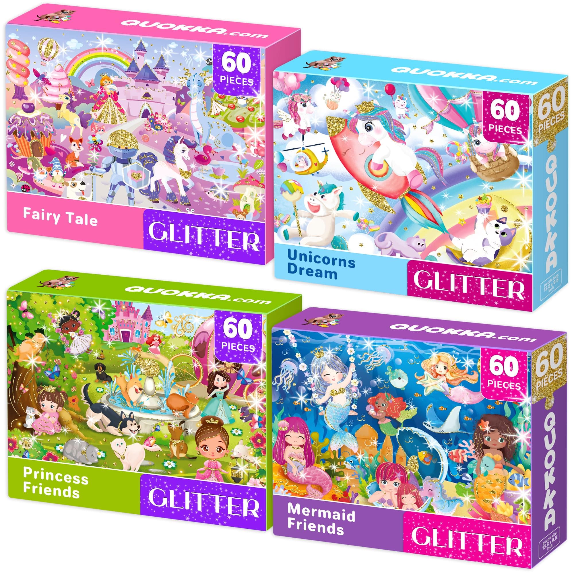 Puzzles for Kids Ages 4-6 - Set of 4x60 Jigsaw Puzzles for Toddlers 3-5 - Unicorn Princess Animals Toys for Children 6-8 yo - Gift Educational Game for Boys & Girls