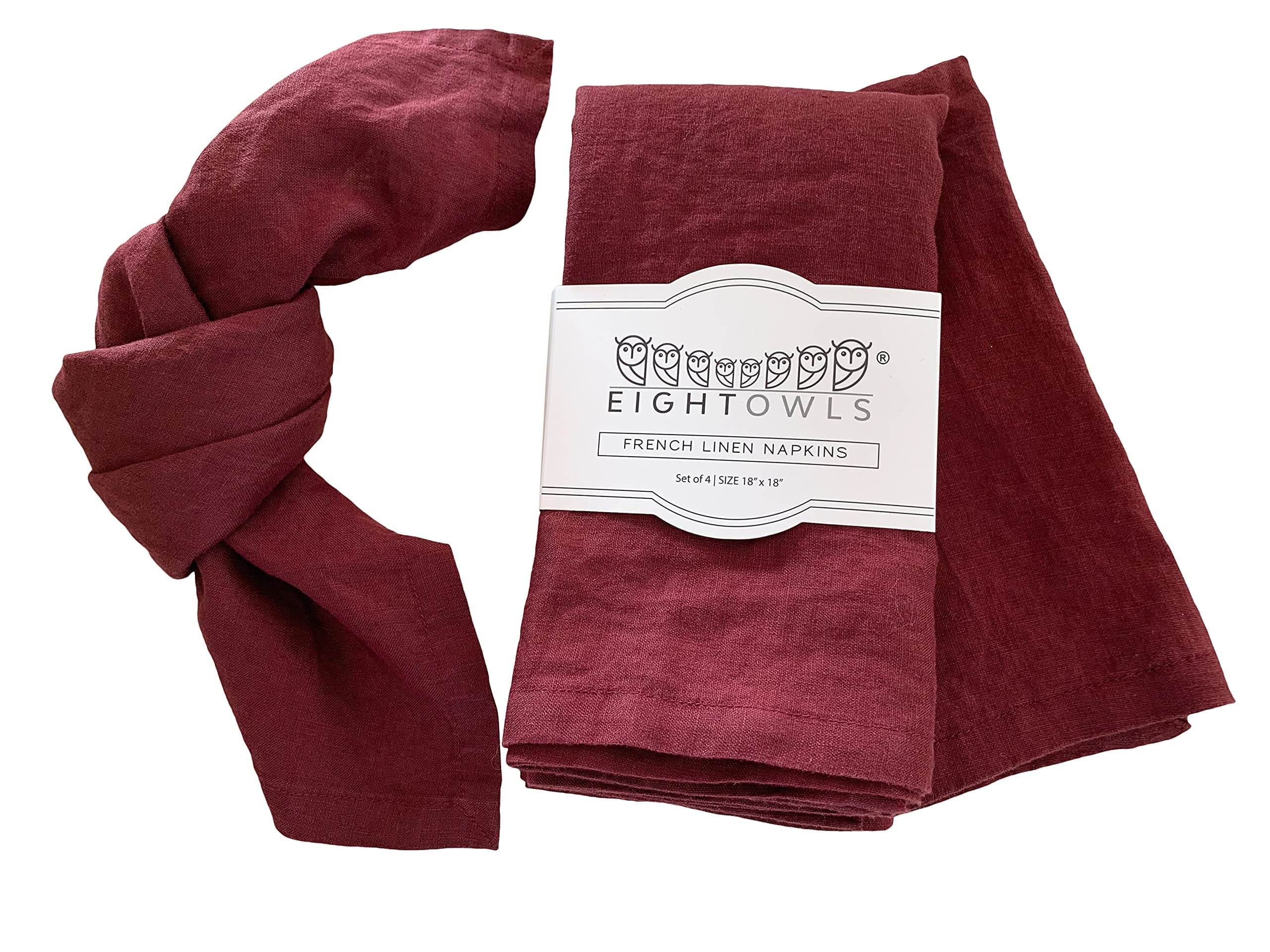 Linen Napkins –100% French Flax – Stonewashed Pure Linen Cloth Napkins - Size 18 Inch x 18 Inch – Set of 4 (Plum Burgundy)