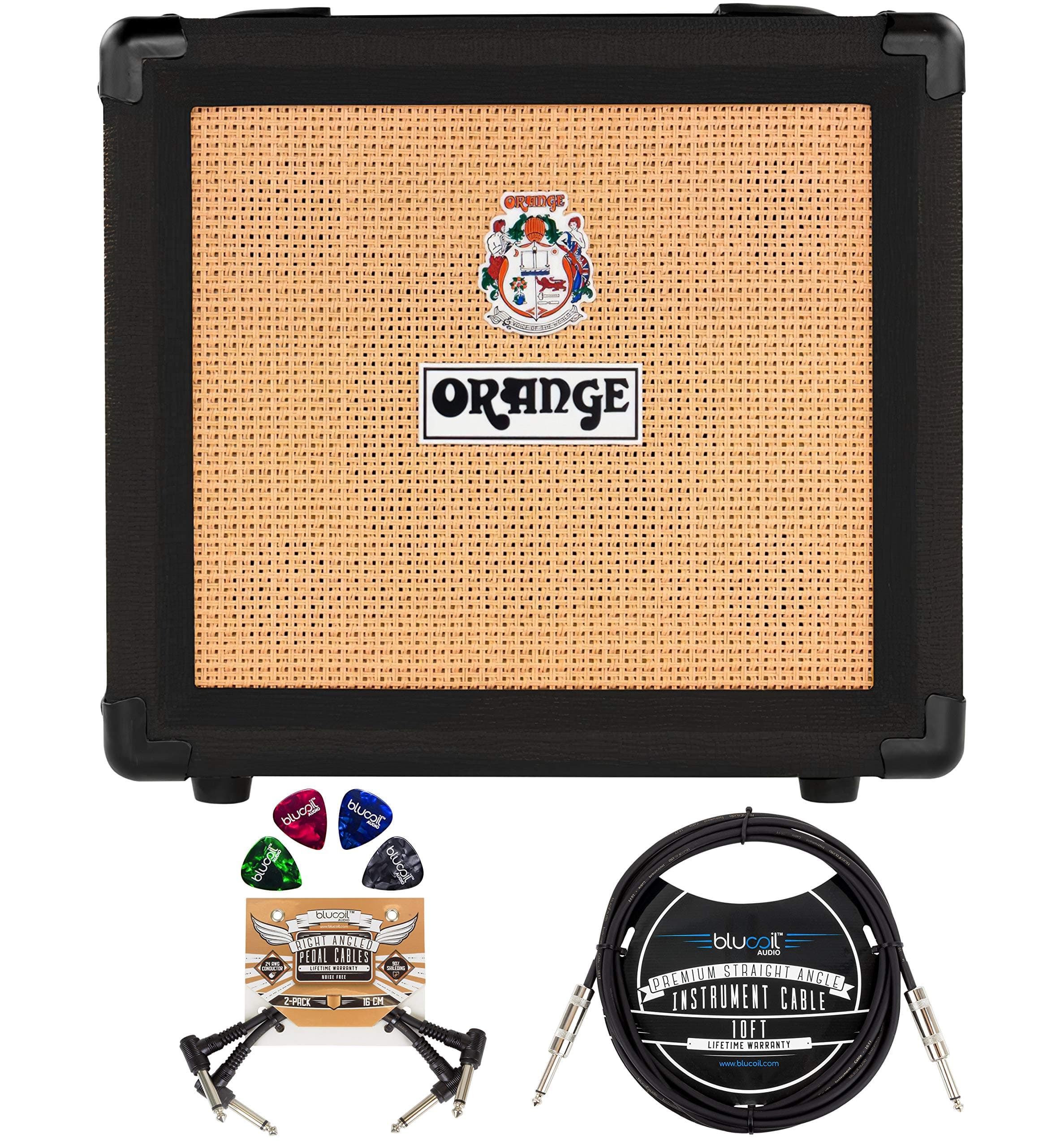 Orange Amplifiers Crush12 12W 1x6 Guitar Combo Amp (Black) Bundle with Blucoil 10' Straight Instrument Cable (1/4"), 2-Pack of Pedal Patch Cables, and 4-Pack of Celluloid Guitar Picks