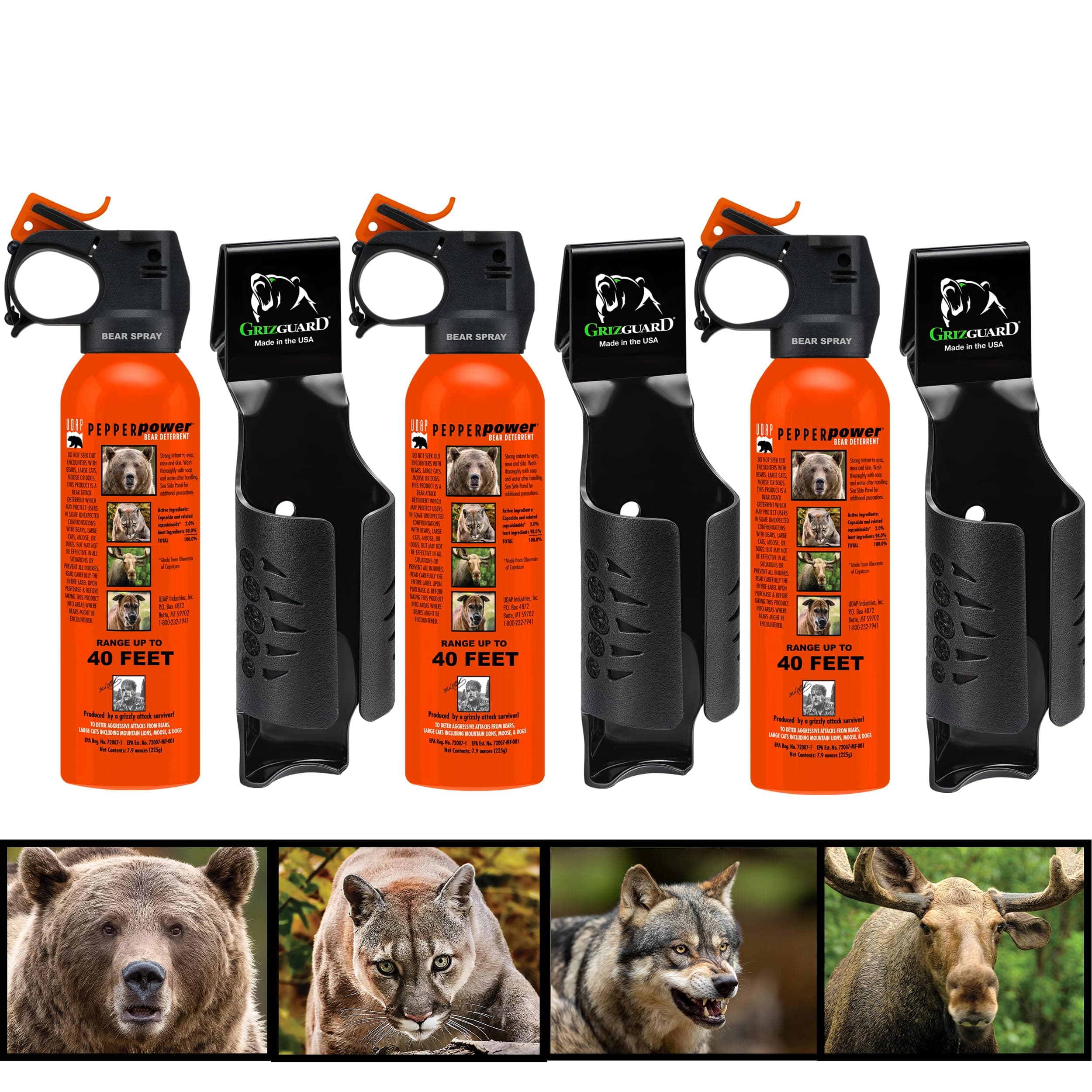 UDAP SOG3 Bear, Mountain Lion, Dog, Coyote, and Moose Spray with Griz Guard Holster 40 Foot Powerful Fog Deterrent. 3 Pack