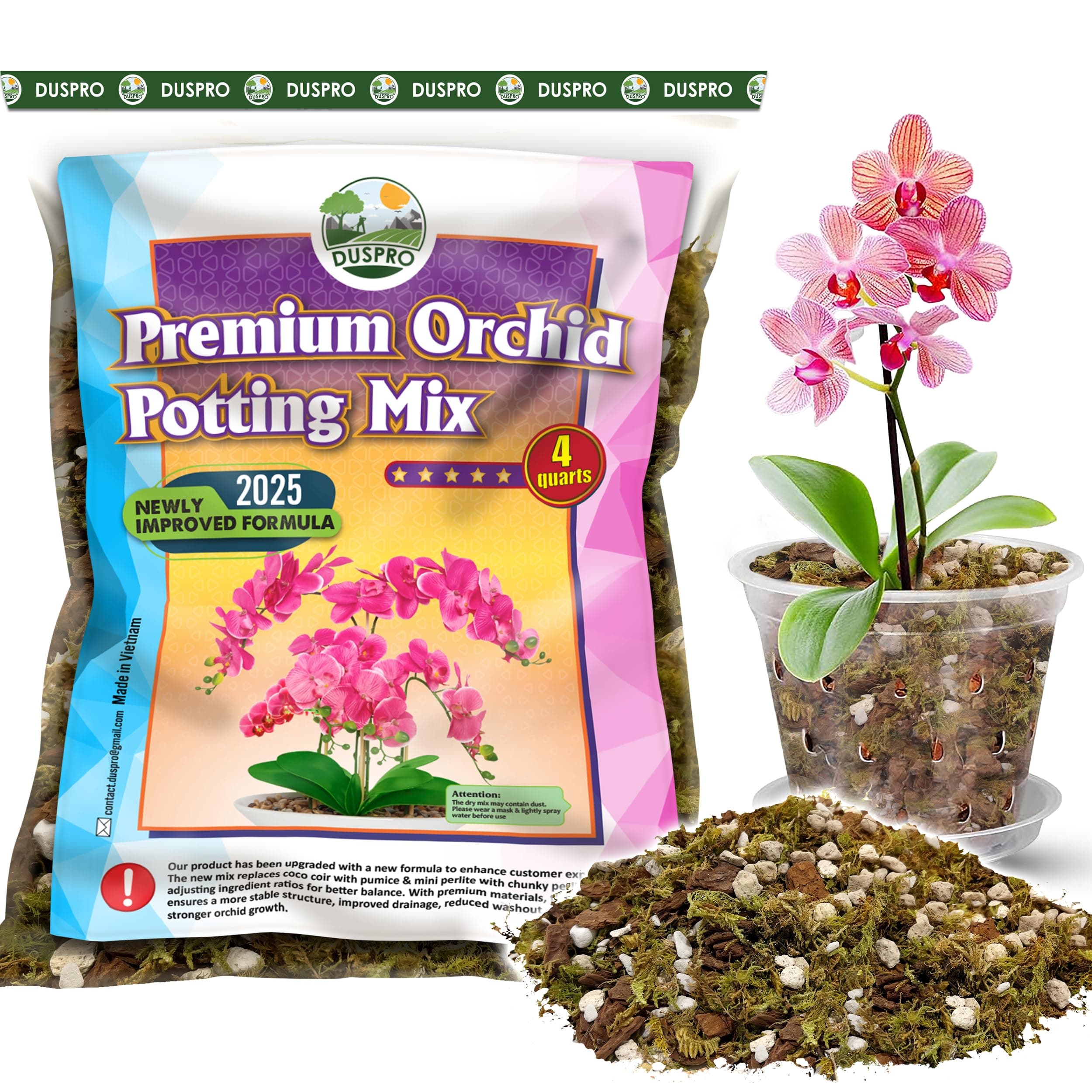 [Upgraded] Duspro Orchid Potting Mix For Repotting With Forest Moss, Pine Bark, Perlite & Pumice, Bark Mix,Orchid Soil, Drainage Indoor Potting, Pot Not Included, 4 Qt