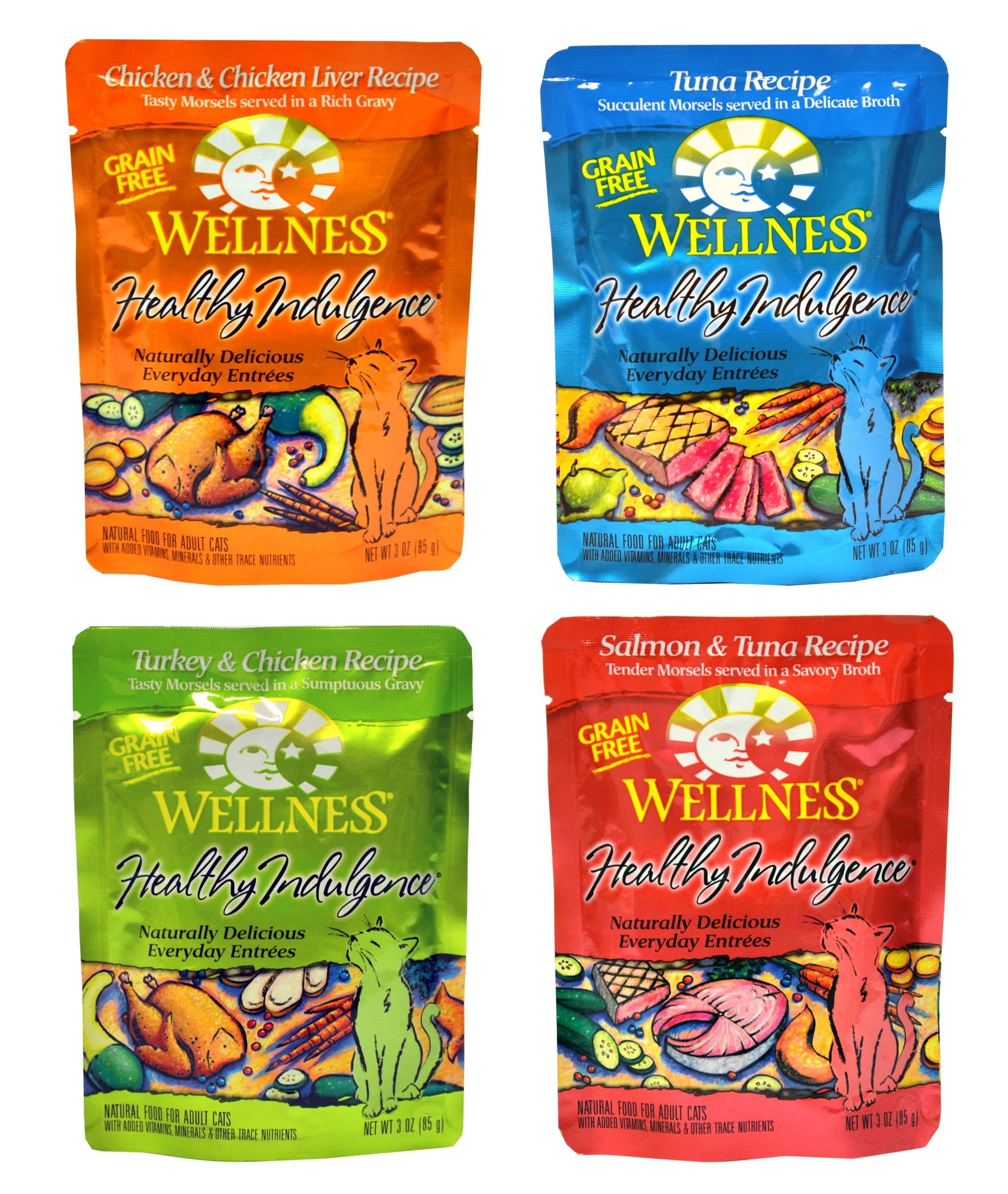 Wellness Healthy Indulgence Grain-Free Cat Food Variety Pack - 4 Flavors (Tuna, Turkey & Chicken, Salmon & Tuna, and Chicken & Chicken Liver Recipes) - 3oz Each (4 Total Pouches)