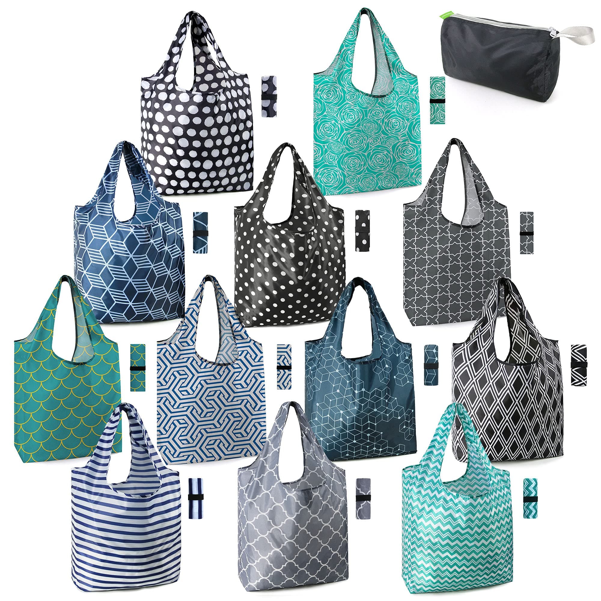 Reusable Grocery Bags Lightweight Durable Shopping Bags Washable Foldable 12 Pack Xlarge Classic Geometric Design Gift Tote Grocery Bags with Elastic Band and Separated Zipper Storage Pouch
