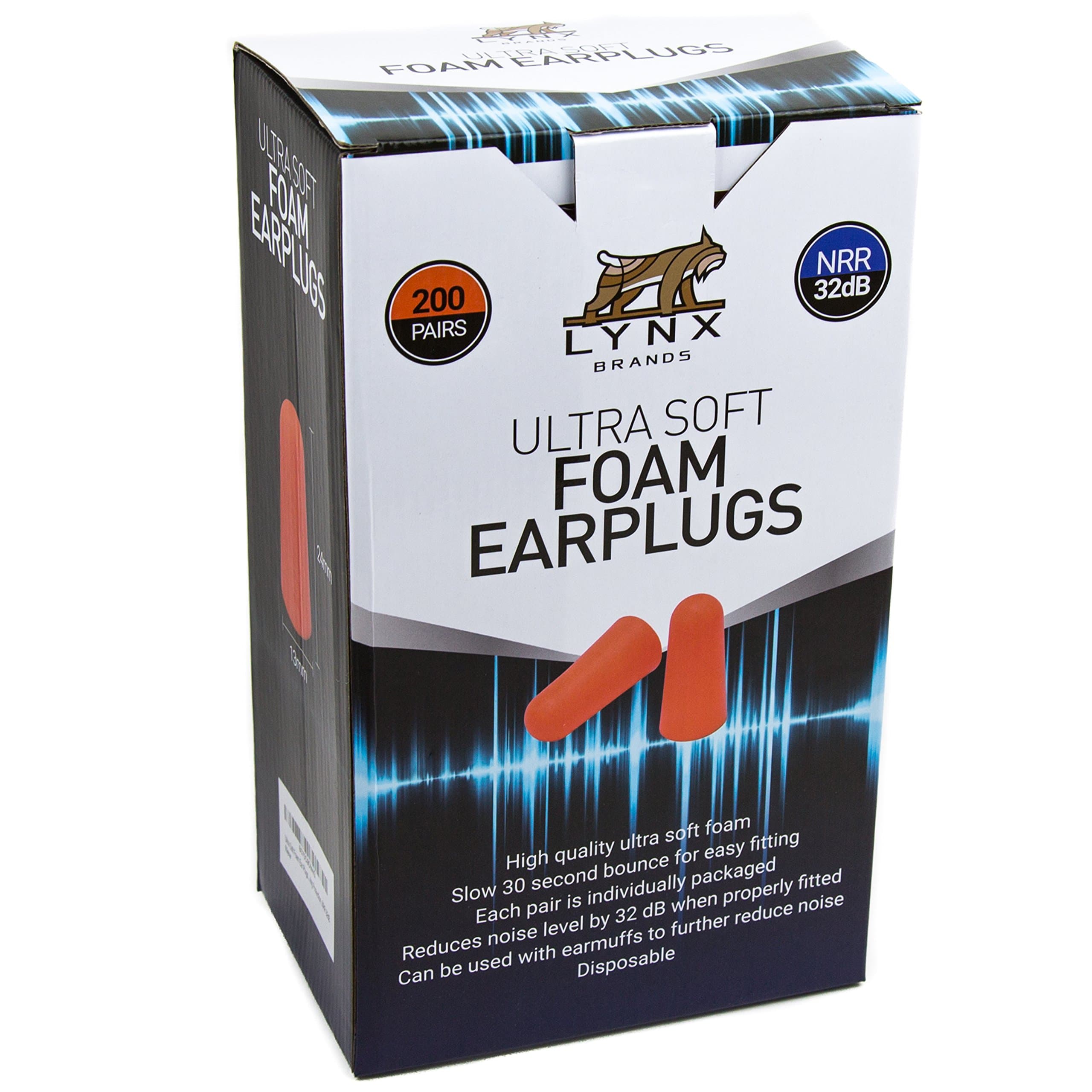 Lynx Ultra Soft Foam Ear Plugs, [200 Pairs], 32dB Highest NRR, Very Comfortable Hearing Protection - Earplugs for Sleeping, Snoring, Studying, Travel and More