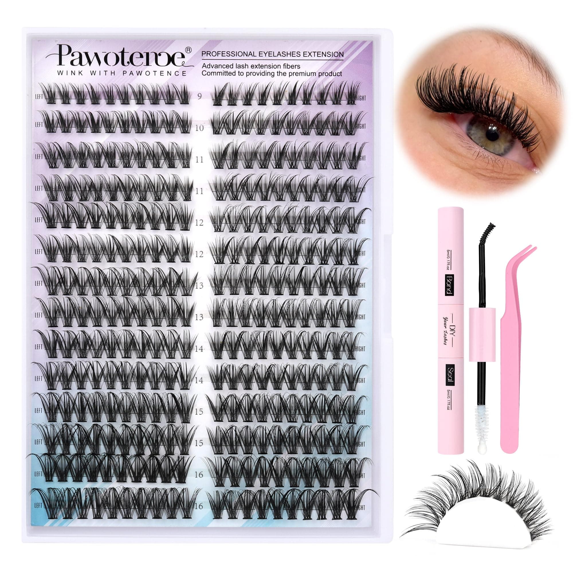 Pawotence Lash Clusters Kit Cat Eye Lash Extension Kit DIY 9-16mm Cluster Eyelash Extensions Kit 40D Individual Lashes with Lash Bond and Seal, Lash Tweezers for Self Use (Fox 40D, 9-16mm, Kit)