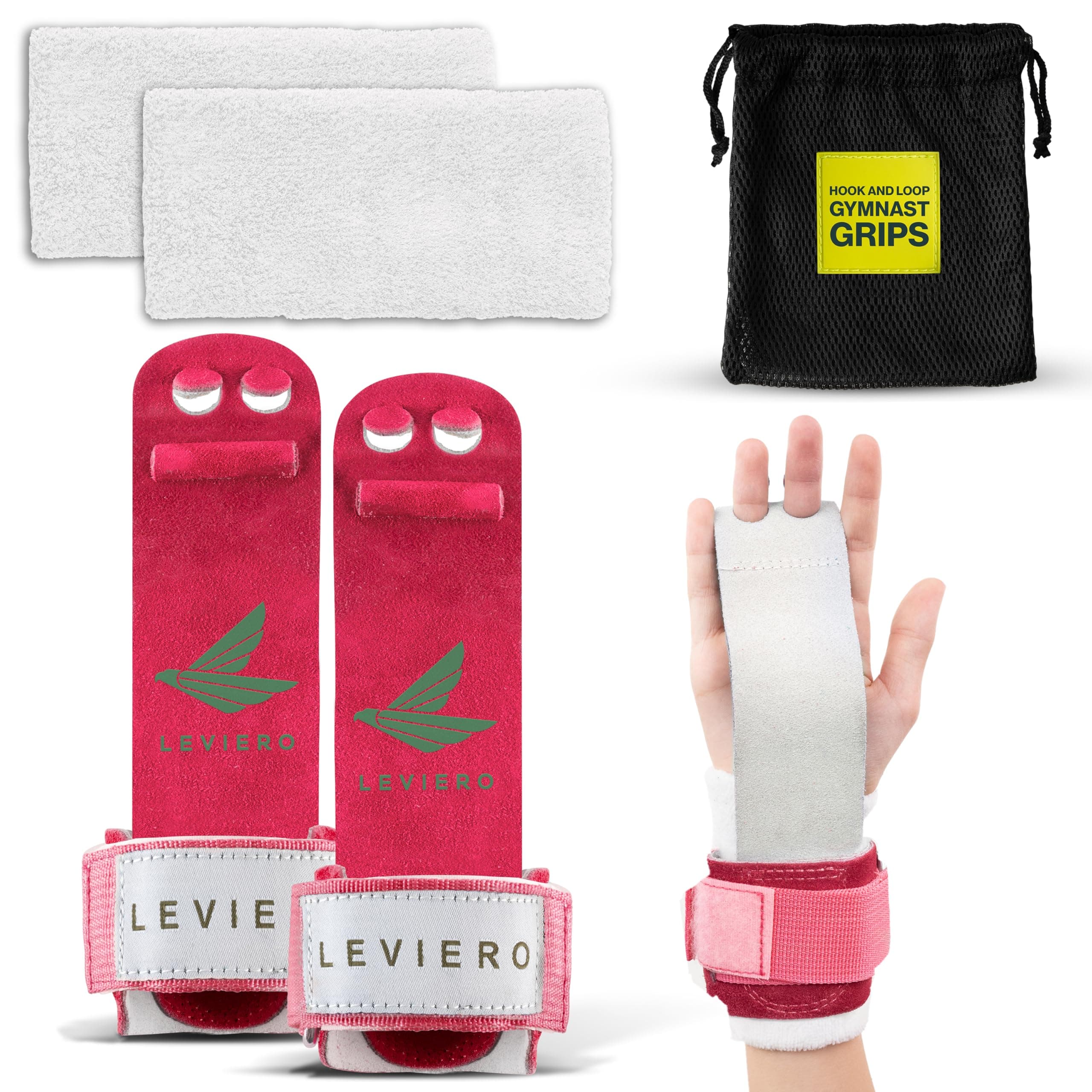 LEVIERO Gymnastics Grips for Girls - Soft Leather Dowel Hand Grips with Velcro Wrist Straps and Adjustable Finger Holes, for All Ages in Pink, Aqua and White