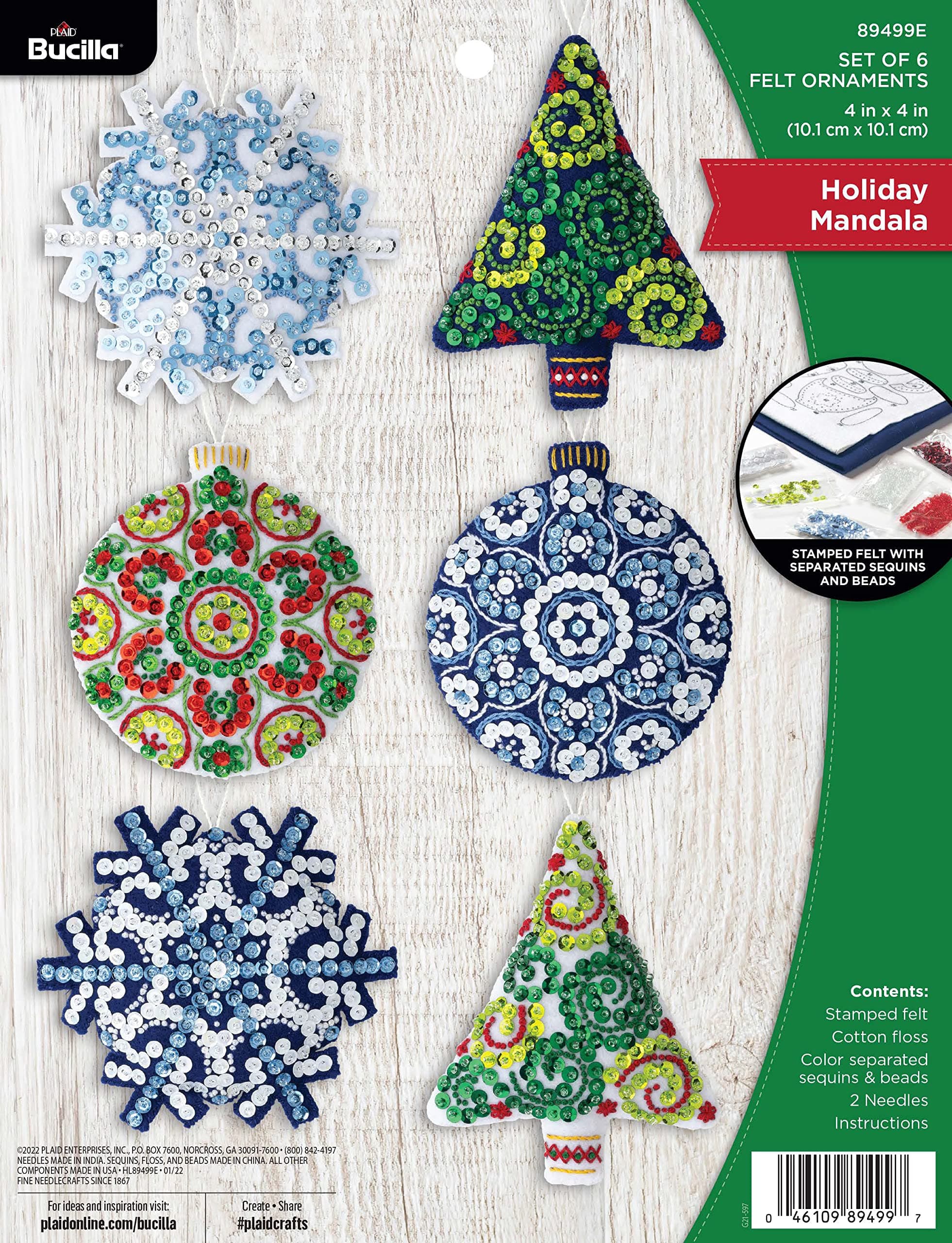 Felt Ornaments Applique Kit Set of 6-Holiday Mandala