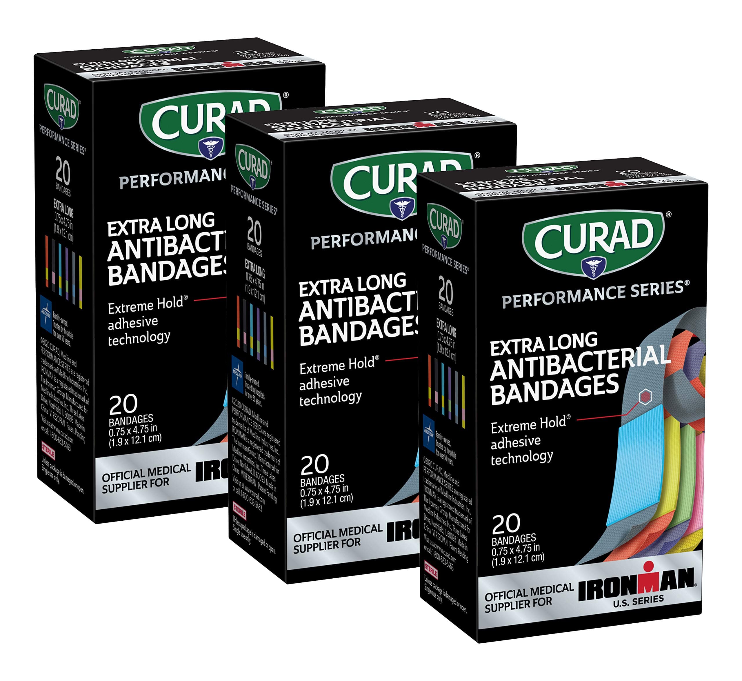 CURAD Performance Series Antibacterial Bandages, Extreme Hold Adhesive Technology, Extra Long Flexible Fabric Bandages for Cuts, Scrapes, & Burns, Assorted Colors, 0.75 x 4.75 inches, 20 Count