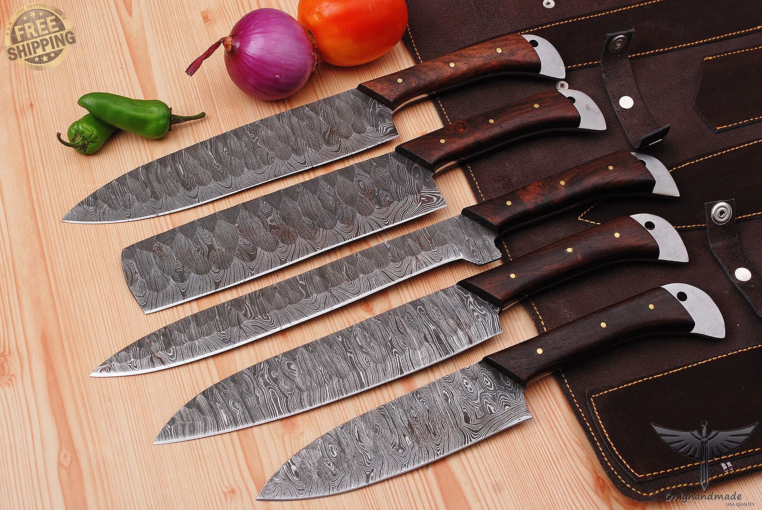 OHM-07711 Damascus chef knife, 5Pcs, chef knife set, handmade knives, hand forged knife, kitchen knife set, paring knife, mothers day gift, gift for him, birthday gift (Natural Rose Wood)