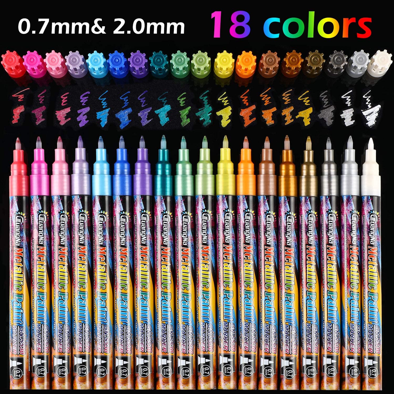 Blulu 18 Colors Metallic Marker Pens, 0.7 mm Extra Fine Point Paint Pen, Metallic Painting Pens Permanent Markers for Cards Writing Signature Lettering