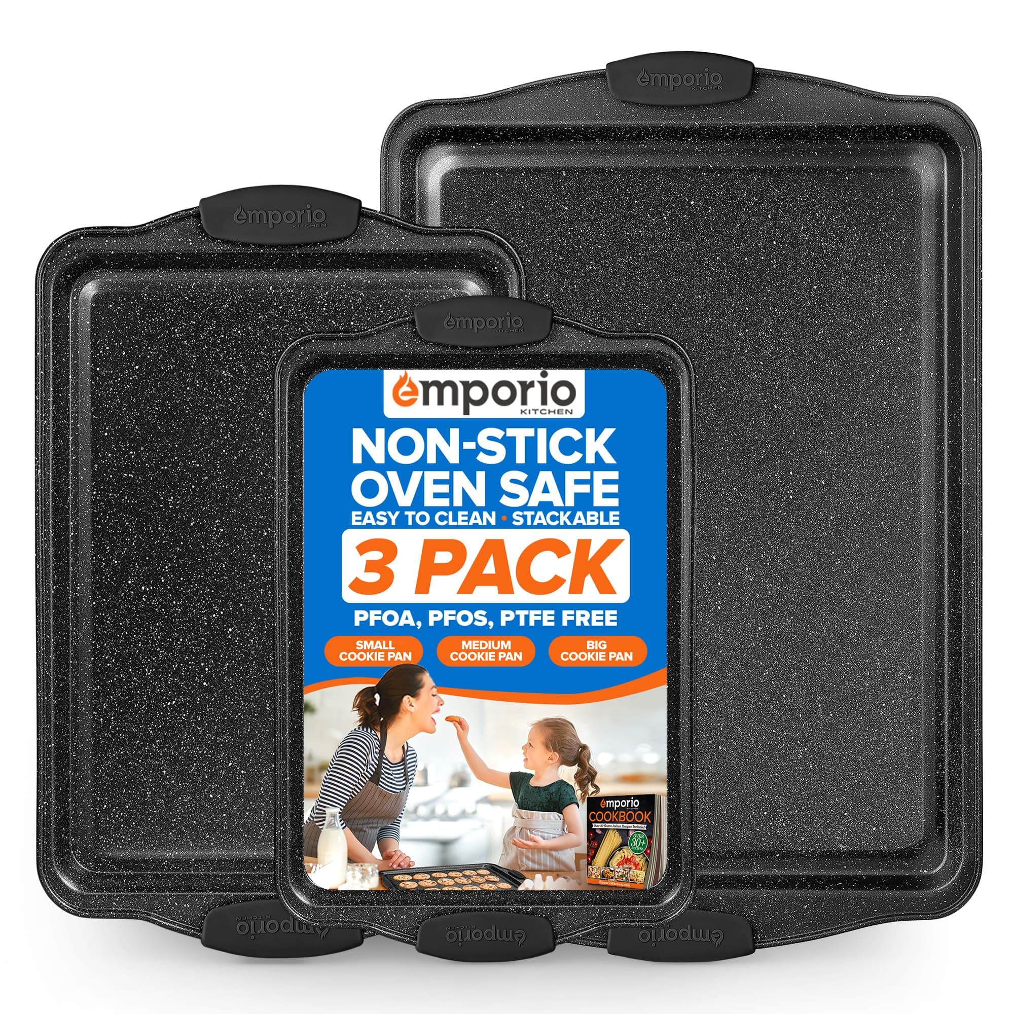 Baking Pan Set - Nonstick Coating, Carbon Steel Bakeware Sets with Gray Silicone Handles, PFOA, PFOS, PTFE Free, Recipe Booklet Included, Oven Safe Tray (Up To 450° F), Set of 3 - Gray