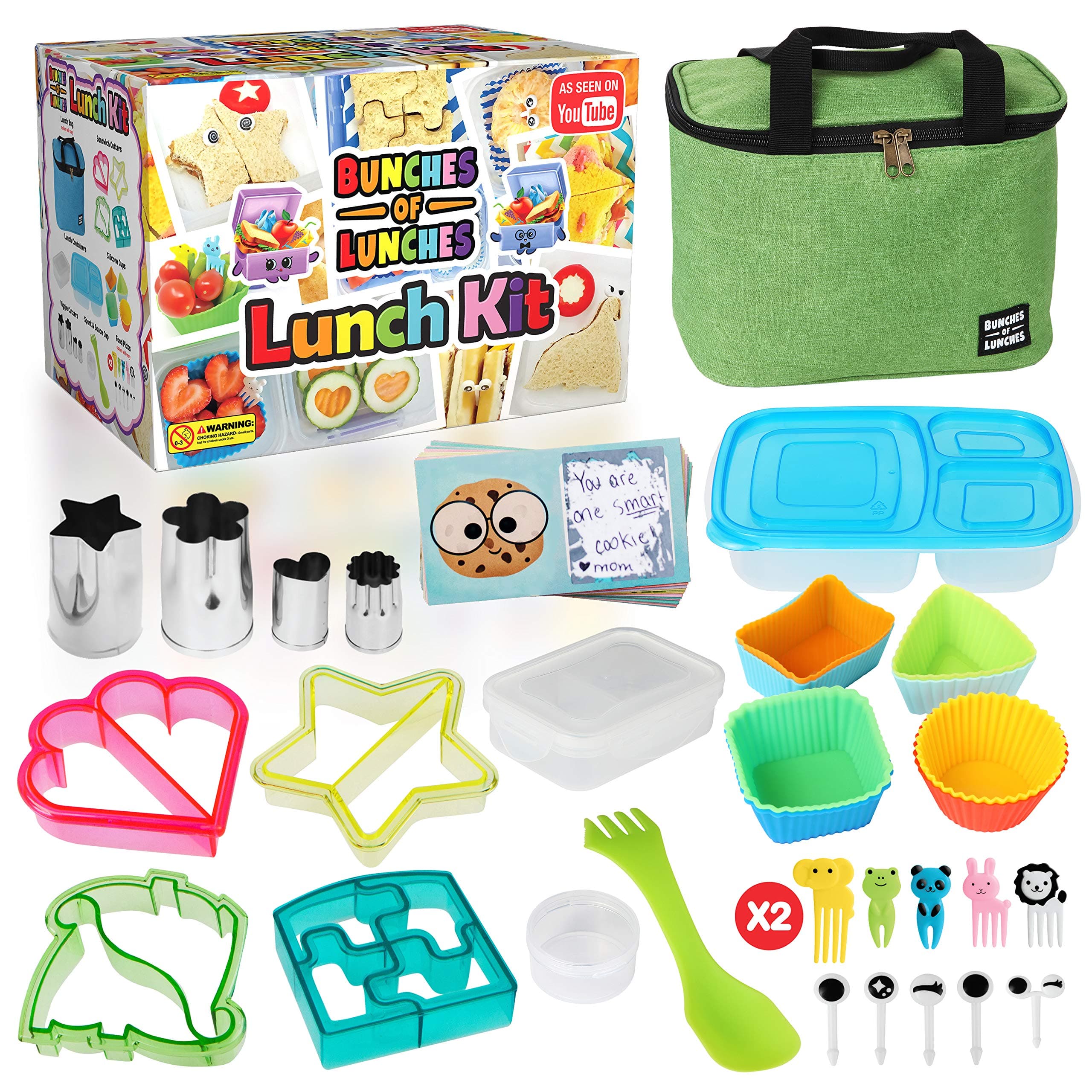 Bunches of Lunches Bento Box Lunch Kit for Kids – Insulated Kids Lunch Box with Fun Sandwich and Veggie Cutters Plus Food Picks, Silicone Cups and Cute Scratch-Off Note Cards (39 Piece Set)(Green)