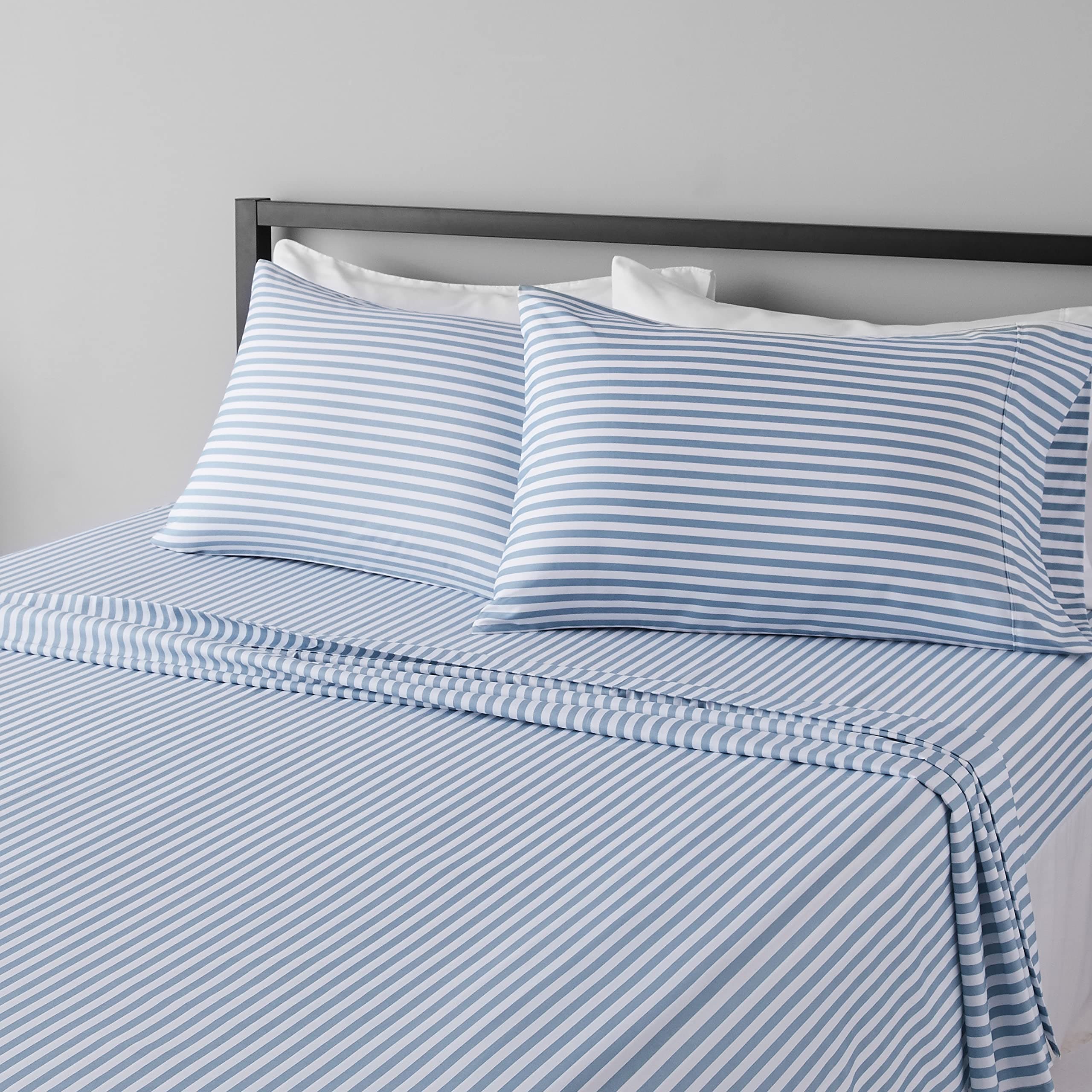 Amazon Basics Lightweight Super Soft Easy Care Microfiber Bed Sheet Set with 14” Deep Pockets - Queen, Dusty Blue Pinstripe