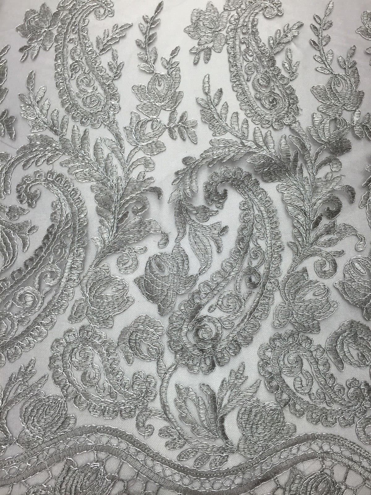 Grey Silver Paisley Elegant Lace Gown Fabric 54" Wide Fabric Sold By The Yard