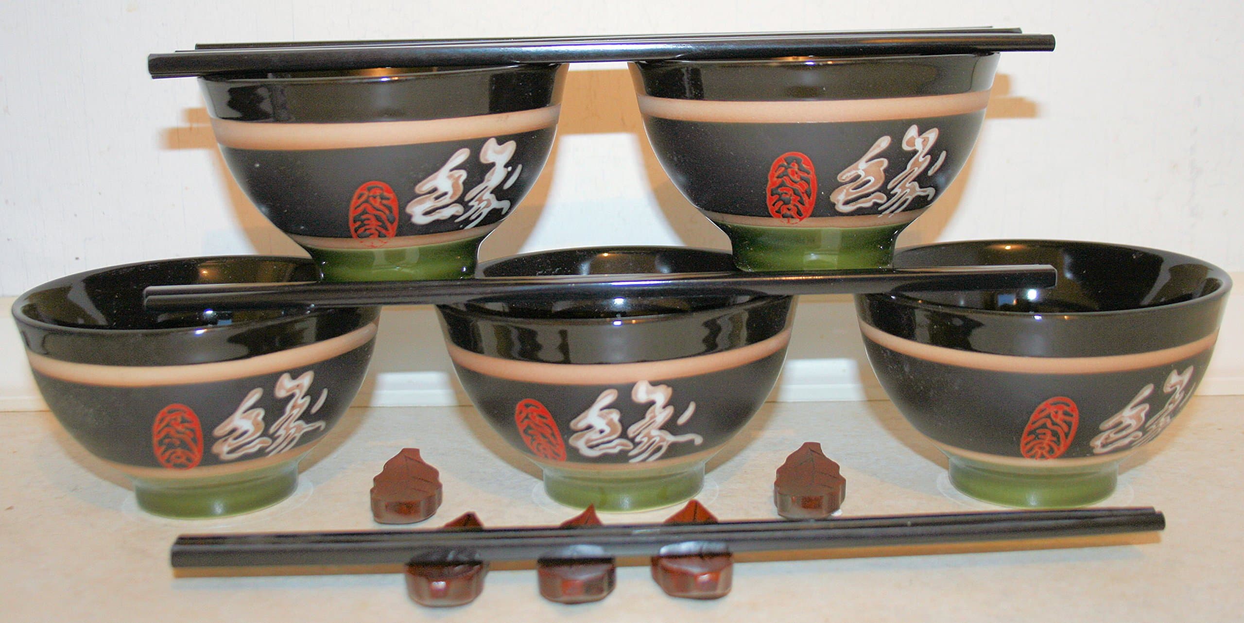 5 Chinese Rice/Noodle Bowls - Destiny with Yuan Characters, with Chopsticks and Rests