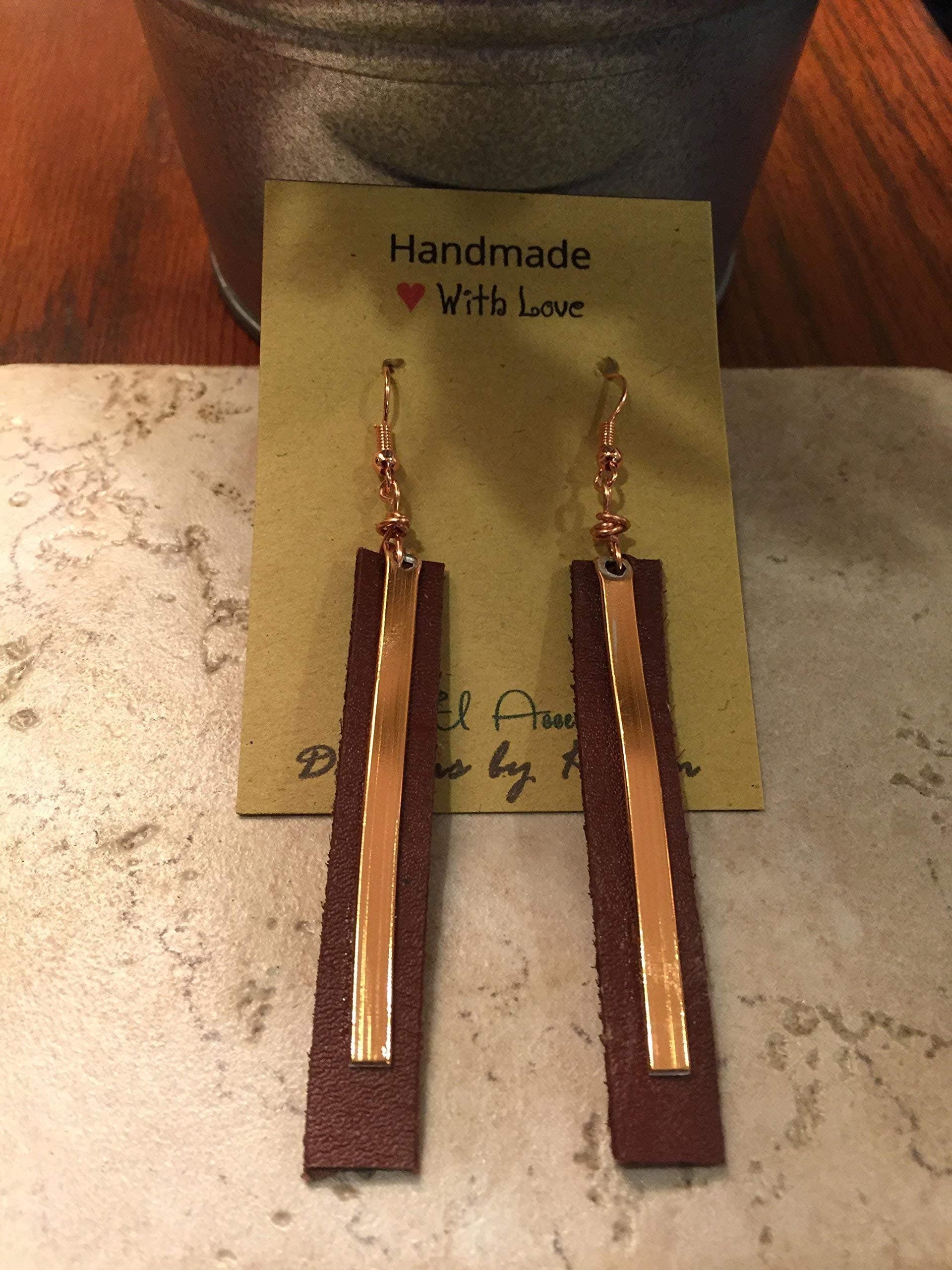 Leather and Copper Long Drop earrings Lever Backs Essential oil diffuser earrings Gift Idea Rustic handcut Brown Leather