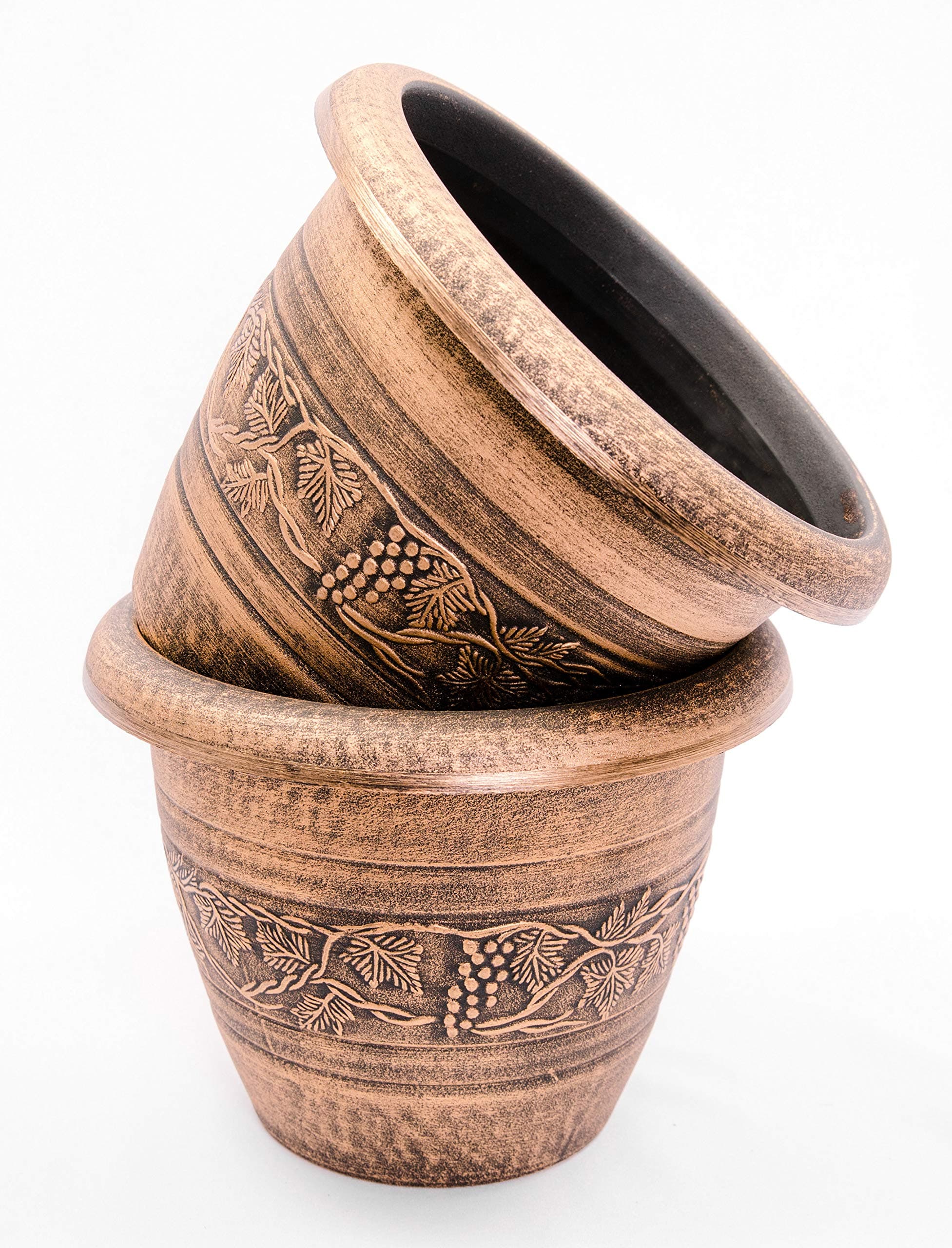 Vine Pattern Greek Style Rustic Plastic Planter 10X8" 2 pack Flowerpot for Indoor, Outdoor, Garden, Patio, Office Ornaments, Home Decor, Long Lasting Reusable, Light Weight, Water Resistant (Gold)