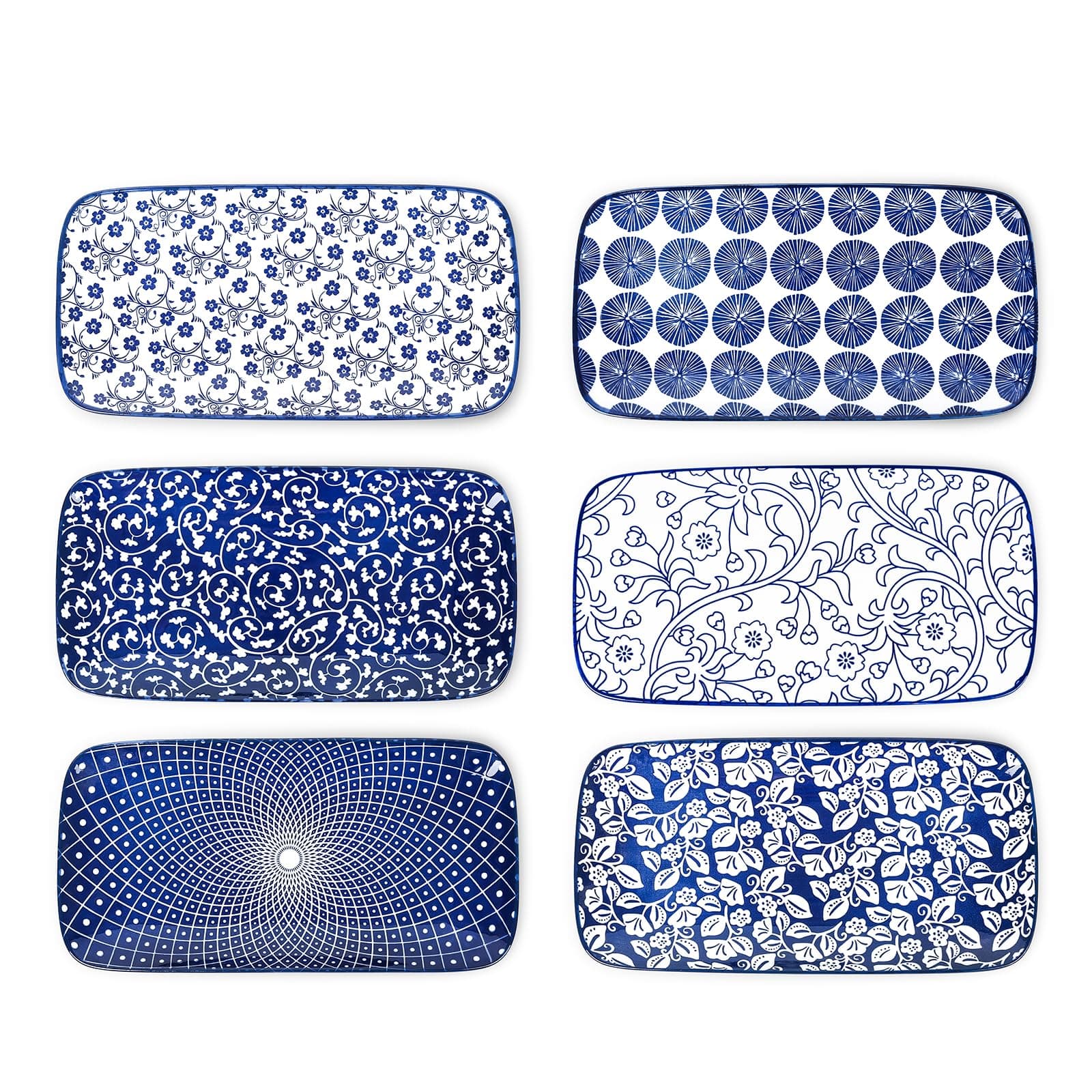 Selamica Ceramic Serving Platters, 12 Inch Serving Trays for Party Entertaining, Large Rectangular Serving Plates for Food, Set of 6, Vintage Blue