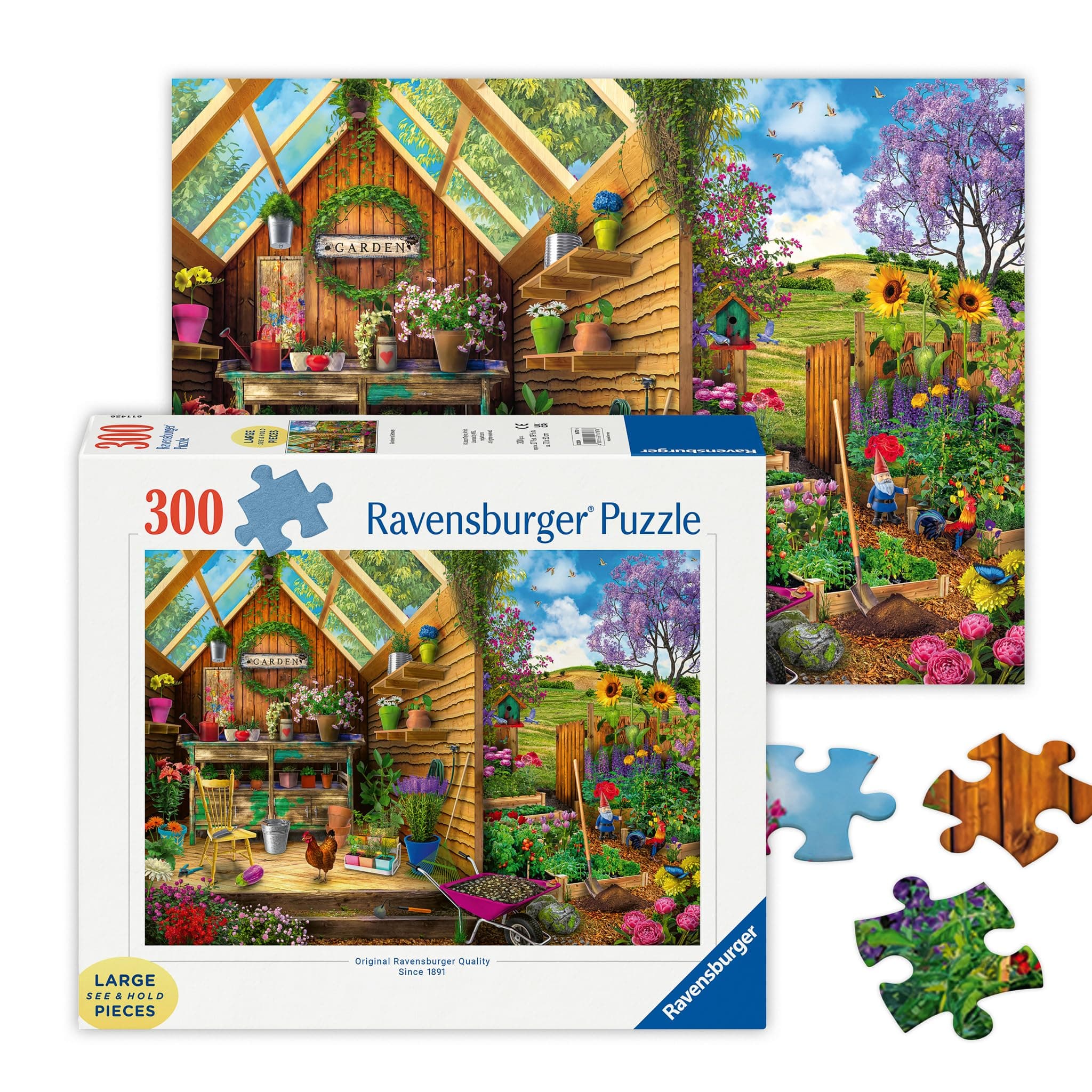 Gardener's Getaway - 300 Piece Large Format Jigsaw Puzzle - Bright and Vivid Gardener's Dream with Gnomes & More - Frameable - Premium Quality - Puzzles for Adults