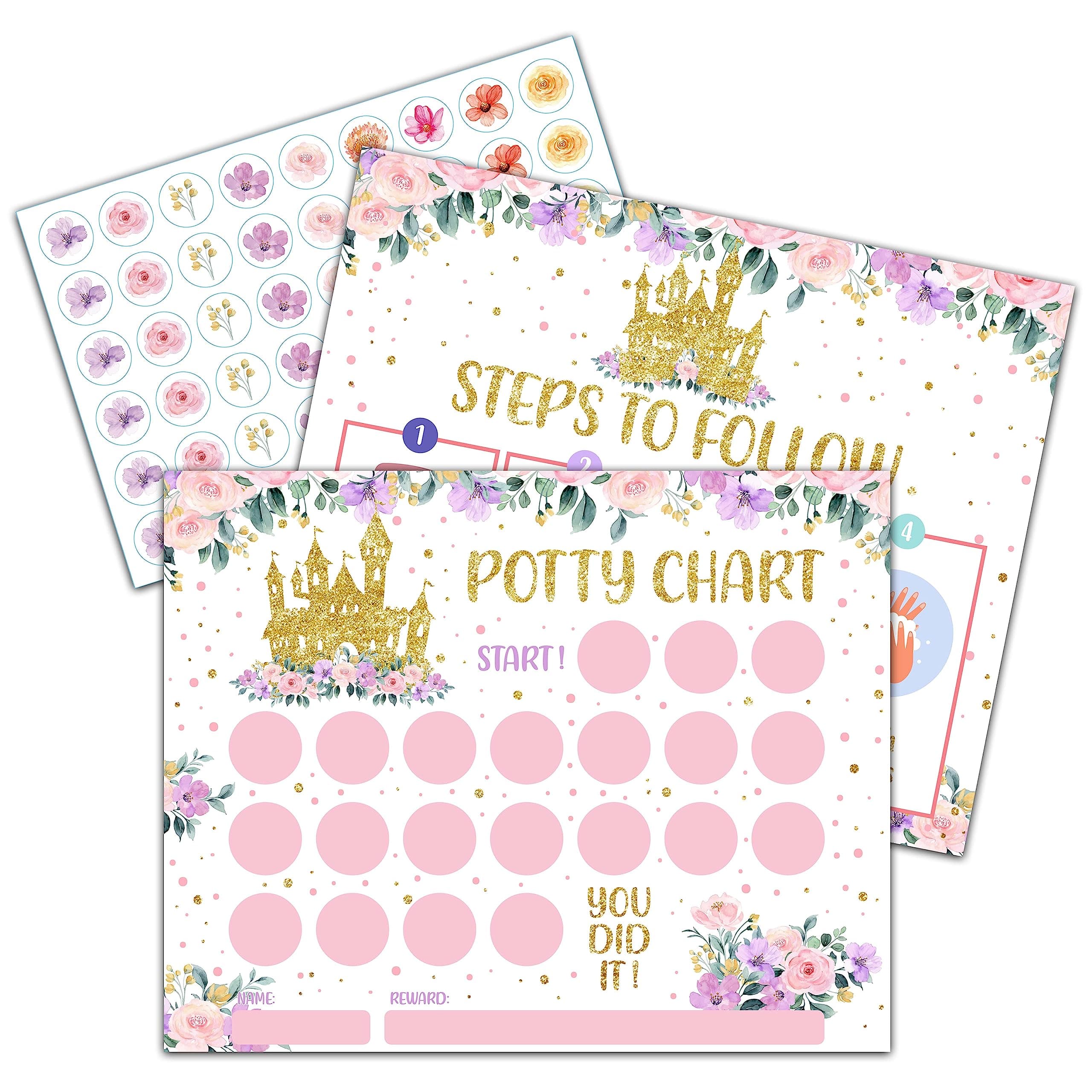 Princess Potty Training Sticker Chart, 10 Potty Charts with 216 Round Stickers & 1 Instruction Sheet, Potty Reward Sticker Chart for Toddlers Girls - A15