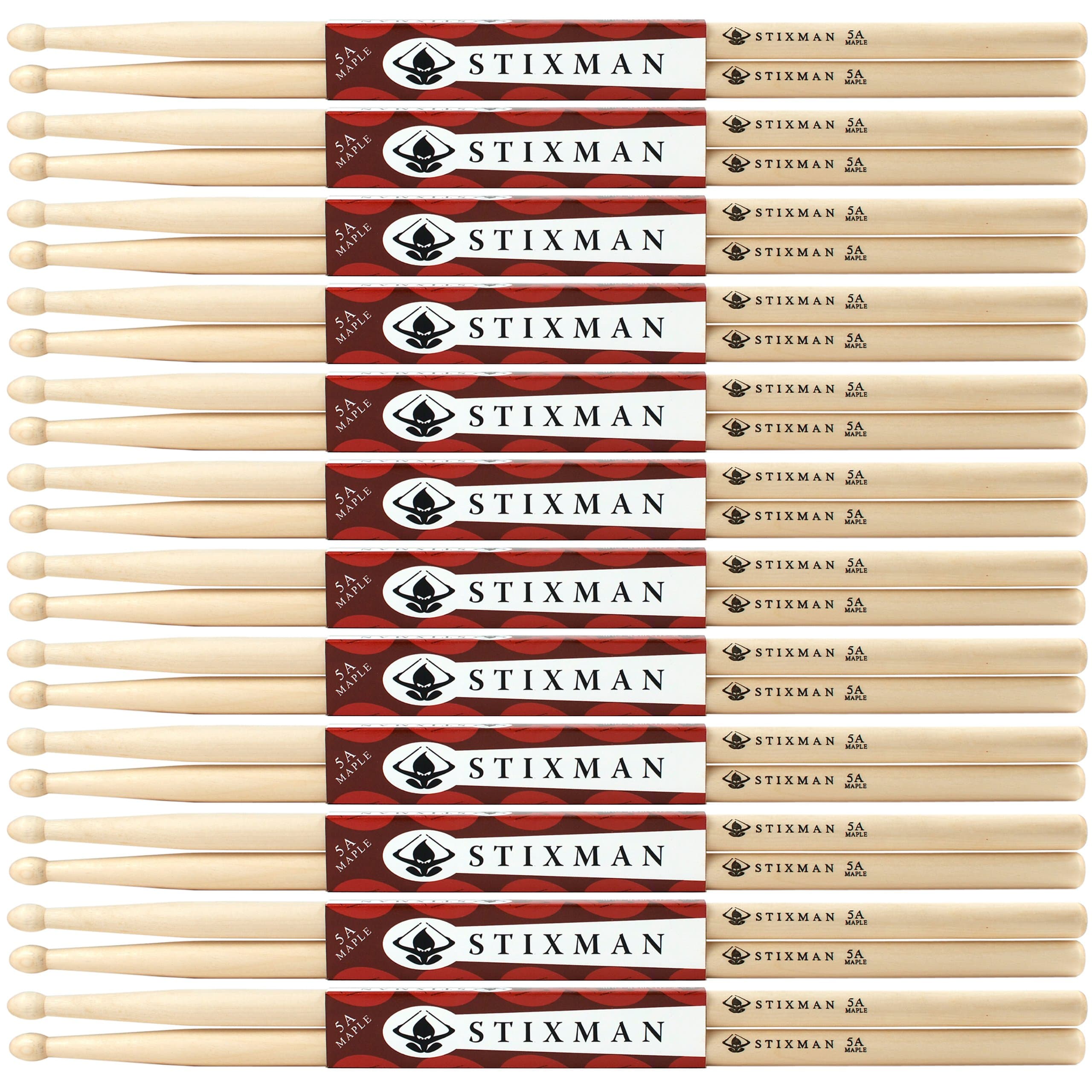 12 Pairs Stixman Maple 5A Wood Tipped Drum Sticks - SXM5A12