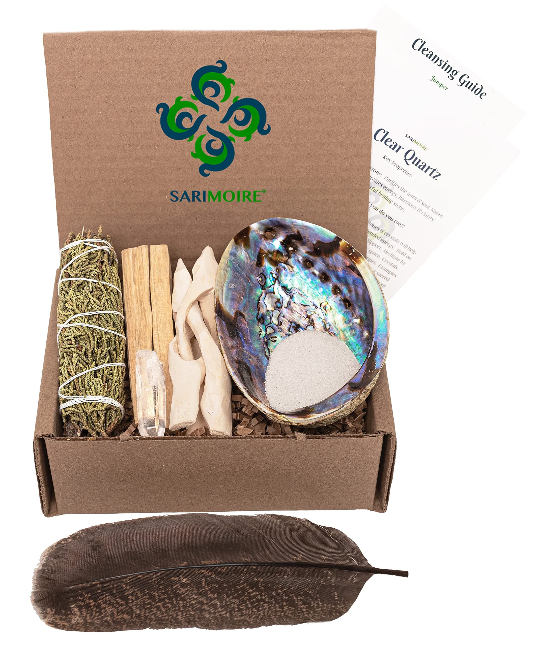 Spiritual Items - Juniper Smudge Stick ~ Abalone Shell for Smudging ~ Palo Santo Sticks ~ 2 inchTripod Stand ~ 8 inch Feather and White Sand