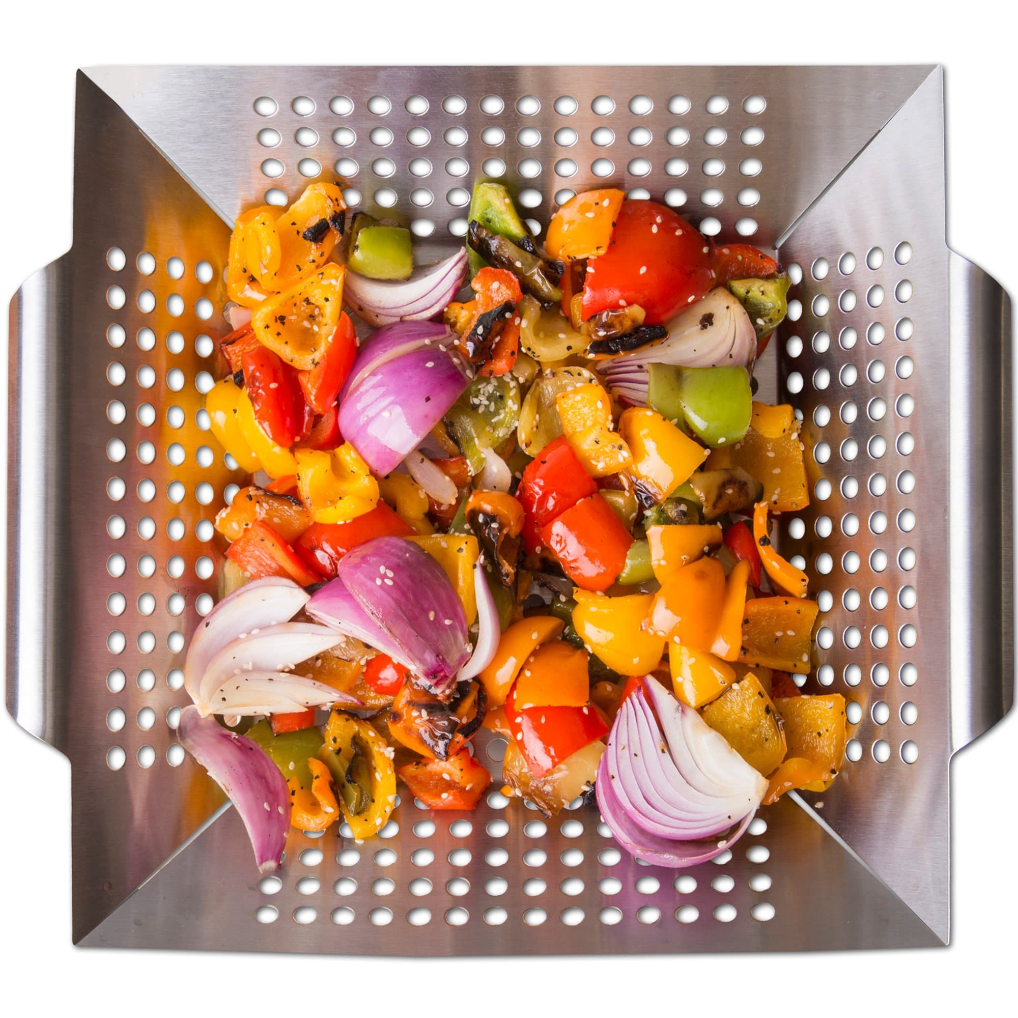 Grill Basket Wok Topper Pan Smoker for Grilling Barbecue Vegetables Fish Stir Fry Seafood Kabob Pizza or Veggies 100% Heavy Duty Stainless Steel BBQ Camping Cookware Charcoal Gas Outdoor Accessories