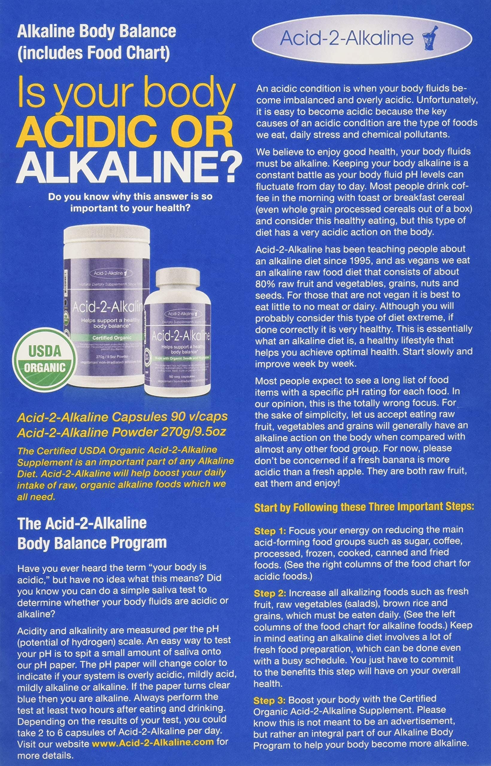 Alkaline Body Balance Informational 12-Page Booklet with Food Chart and Free pH Test Strip