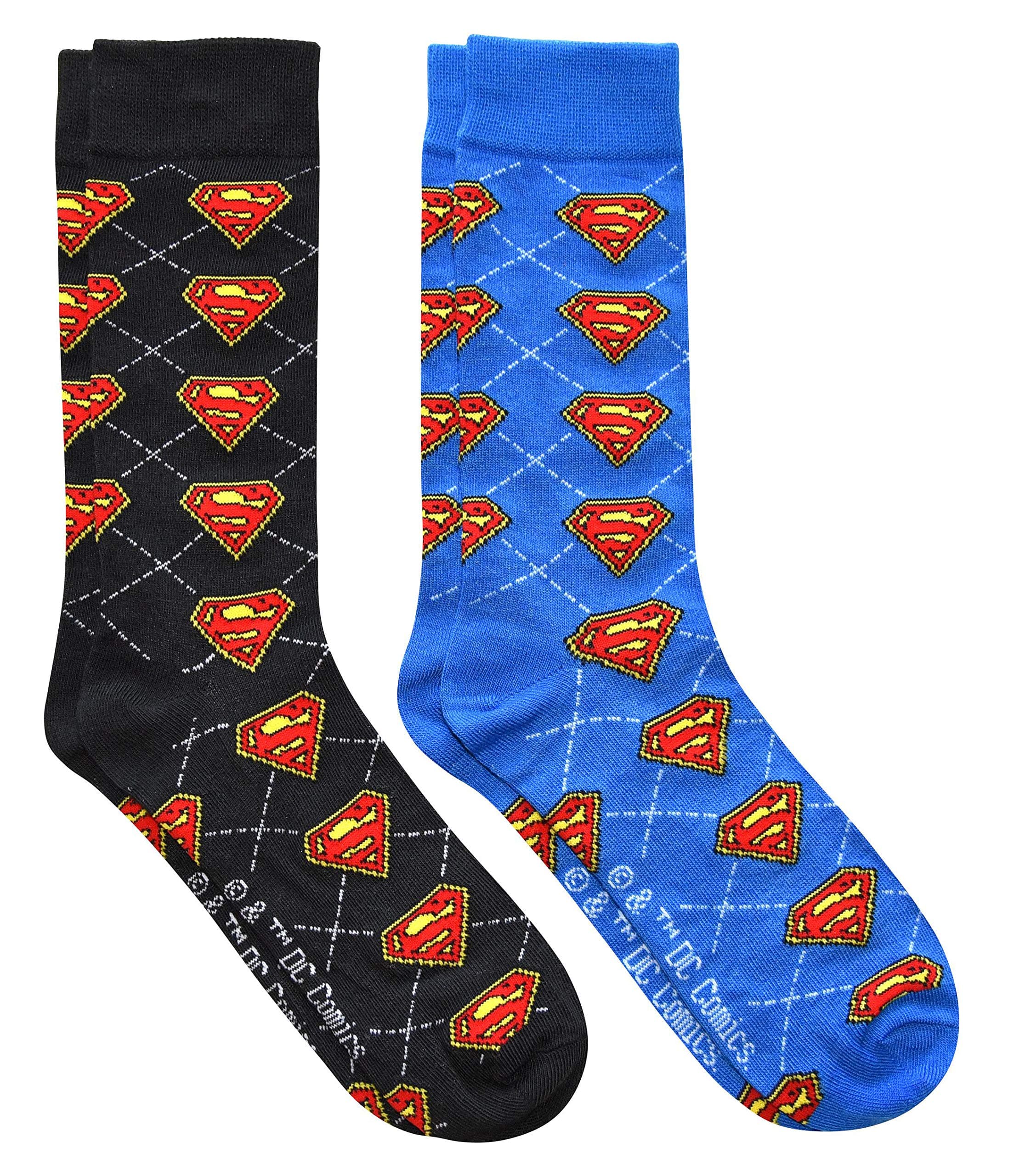 Superman Argyle Men's Crew Socks 2 Pair Pack Shoe Size 6-12