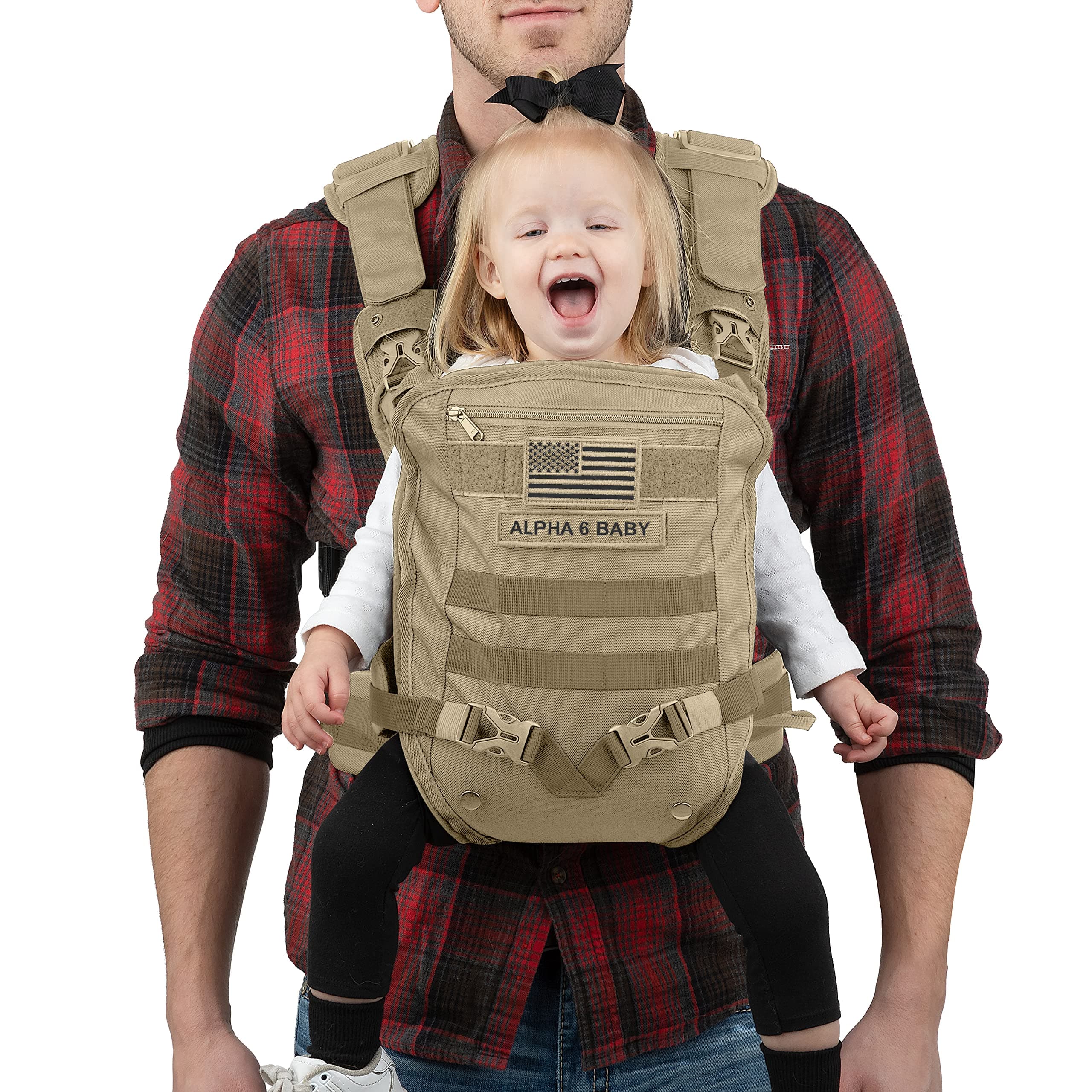 Carrier for Men - Front Facing Baby Holder for Dad, Infant to Toddler - Military Design Carrier with Lumbar Support - Great for Hiking and Travel - Desert Khaki