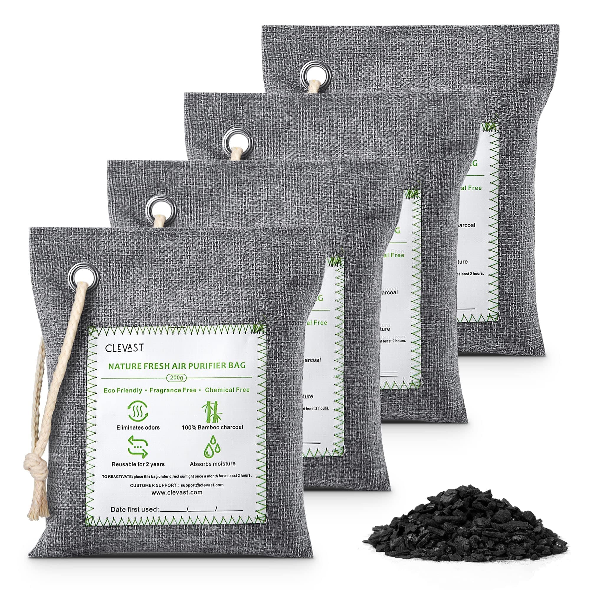 CLEVAST Bamboo Charcoal Air Purifying Bags - (Large, 4×200g), Removes Odors and Moisture, Nature Fresh Air Purifier Bags, Odor Eliminator for Home, Car, Pets, Bathroom, Basement